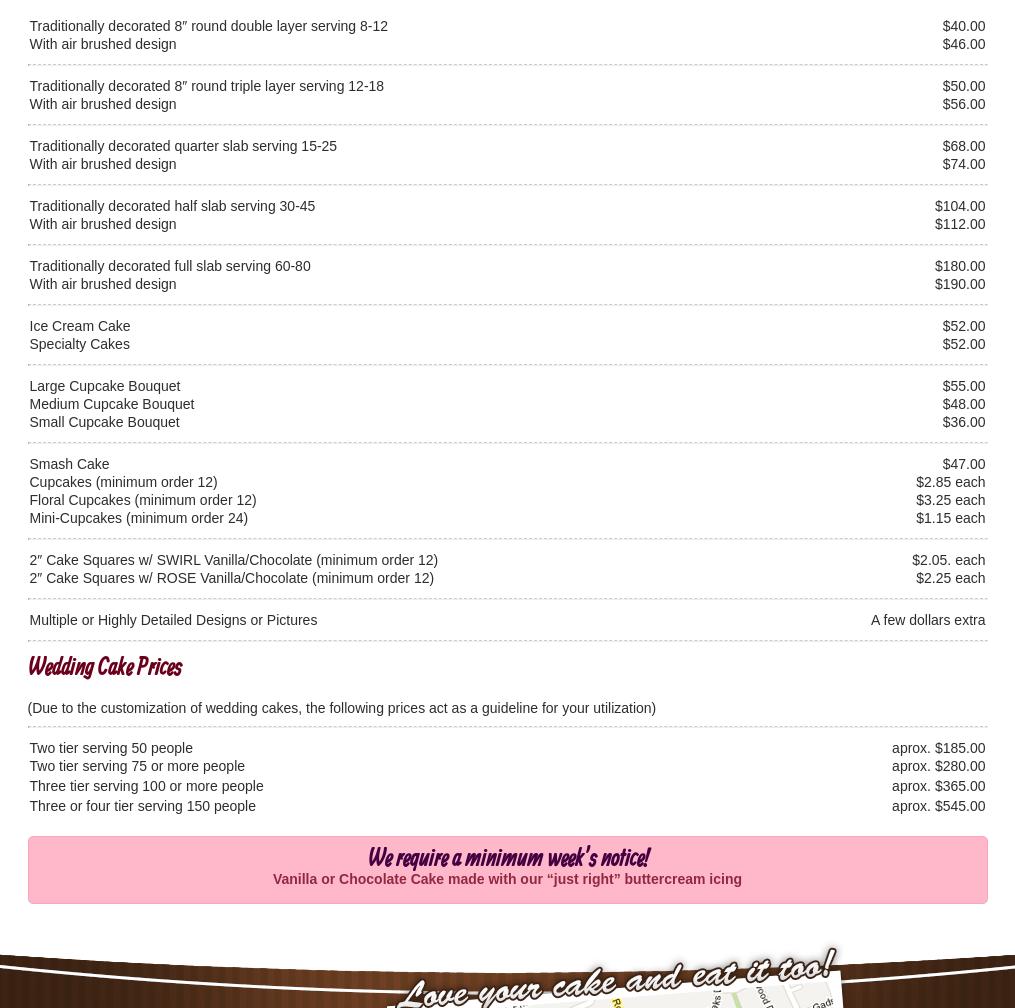 Creative Cakes by Susi Menu