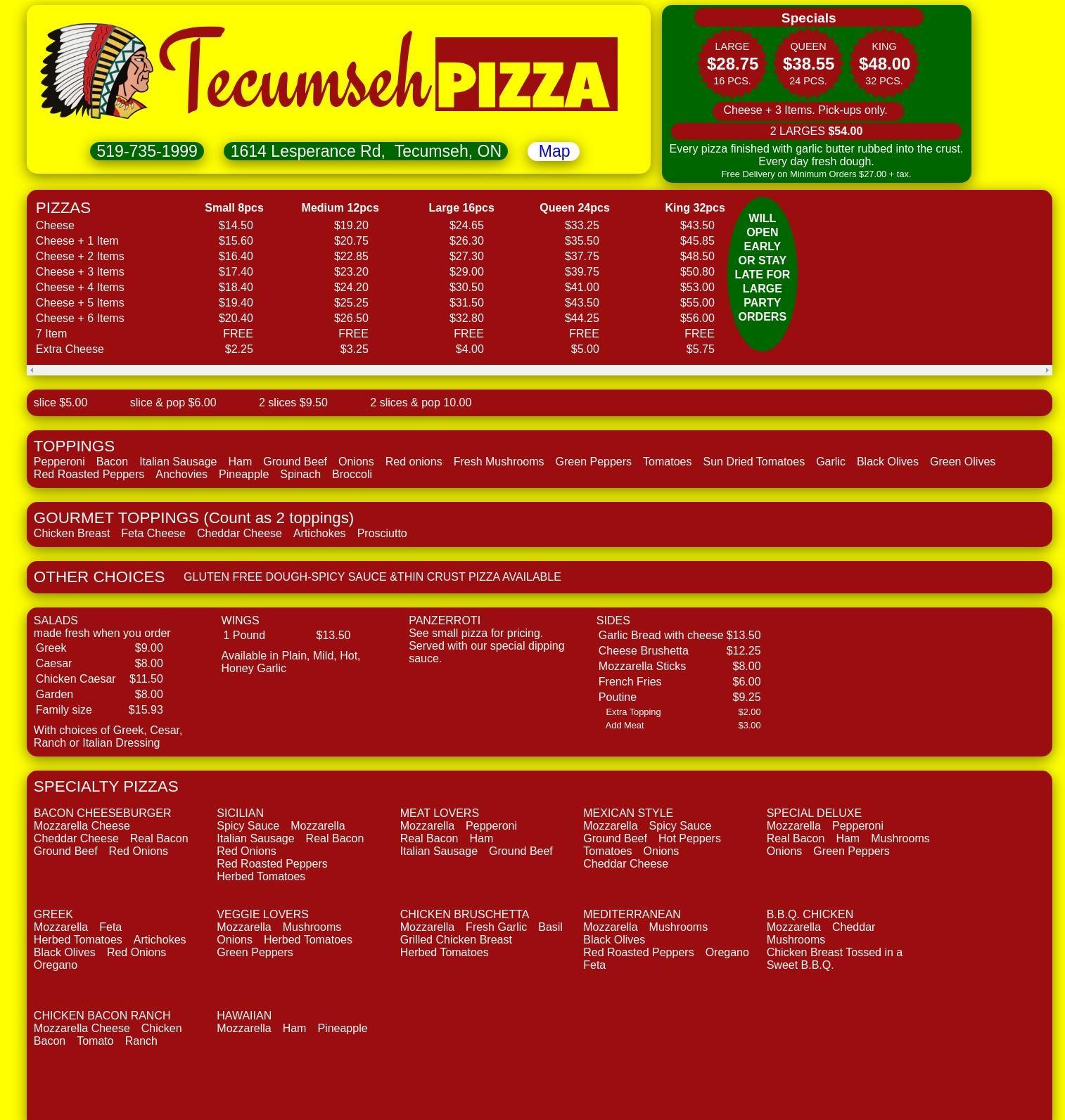 Tecumseh Pizzeria Menu