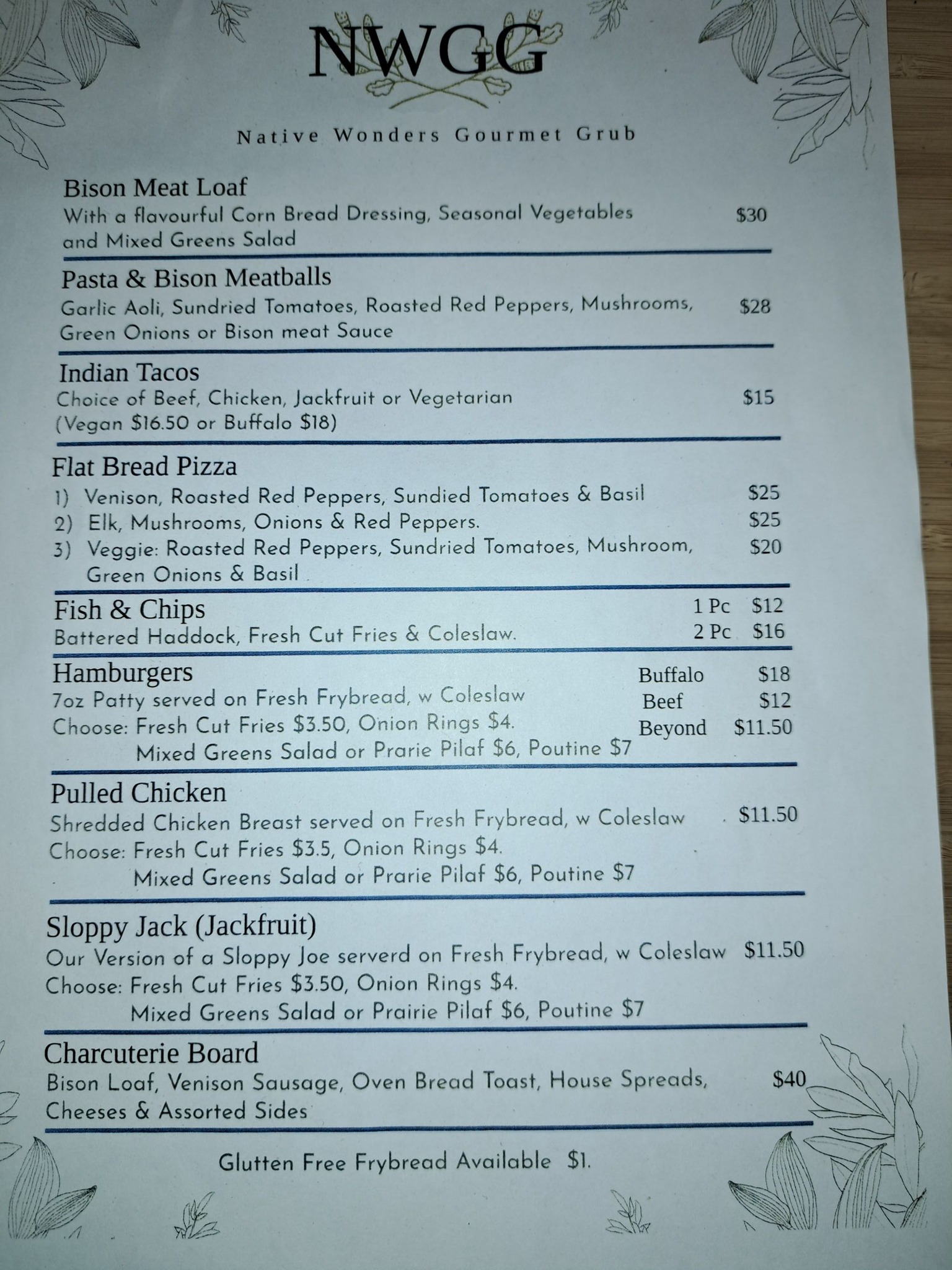 Native Wonders Gourmet Grub Menu
