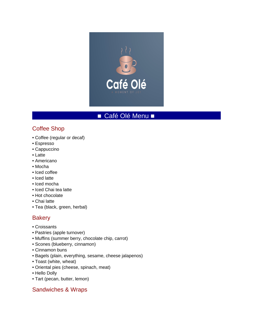 Cafe Ole Menu