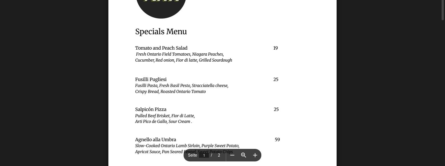 Artigianale Ristorante & Enoteca Menu