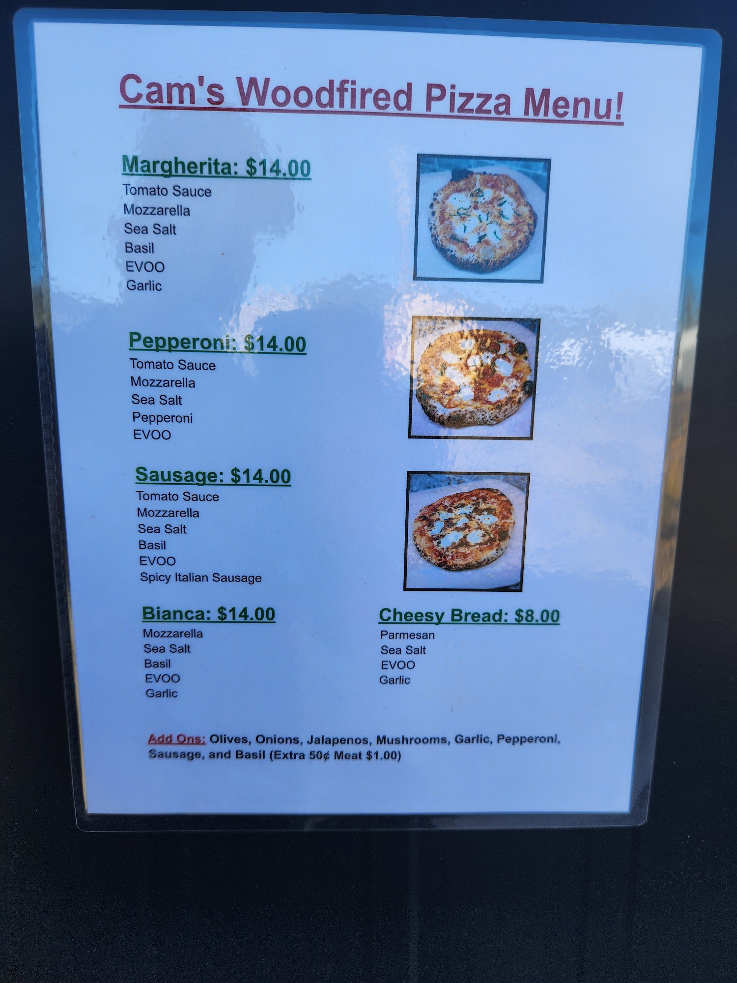 Cam's Woodfired Pizza Menu