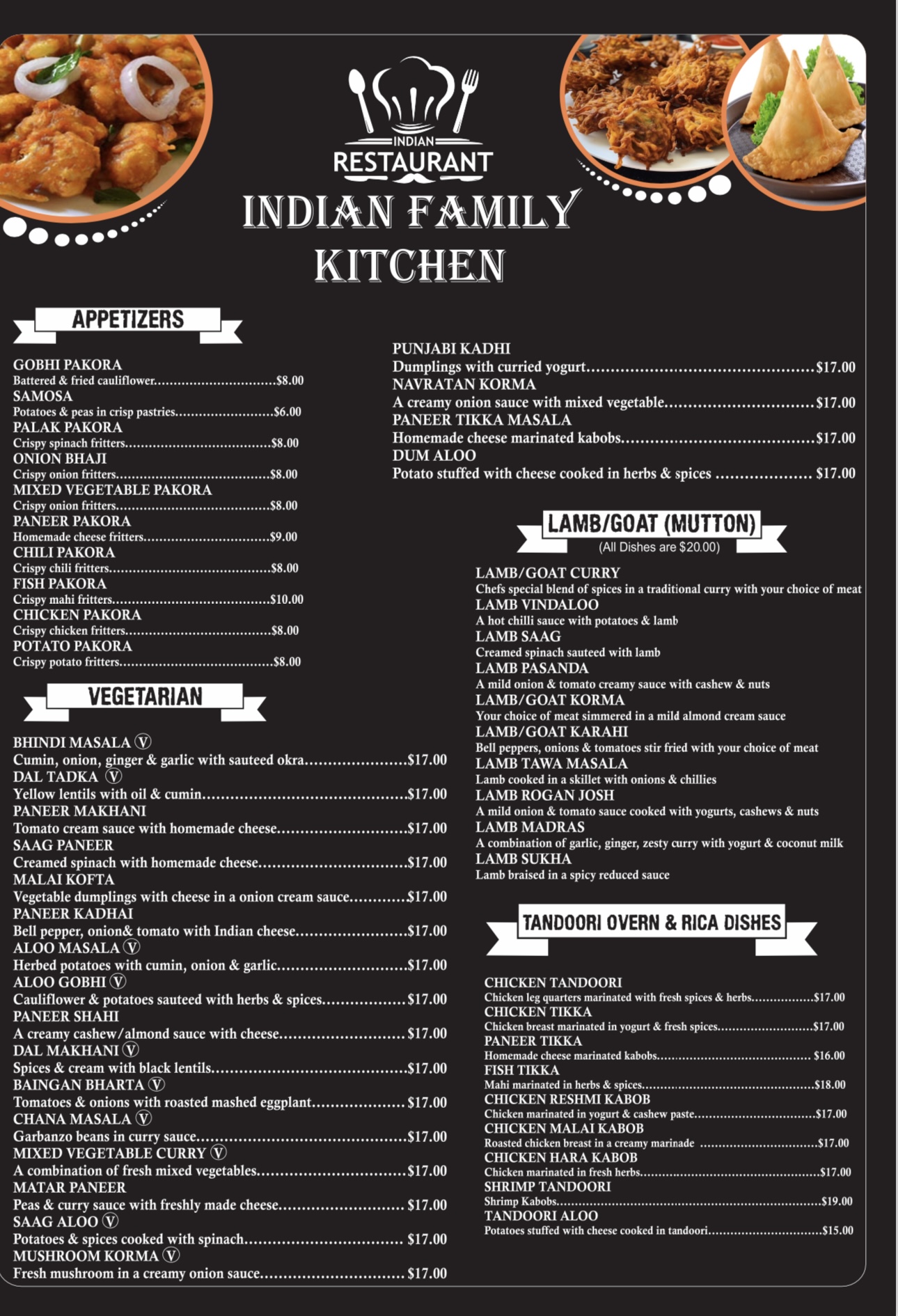 Indian family kitchen Menu