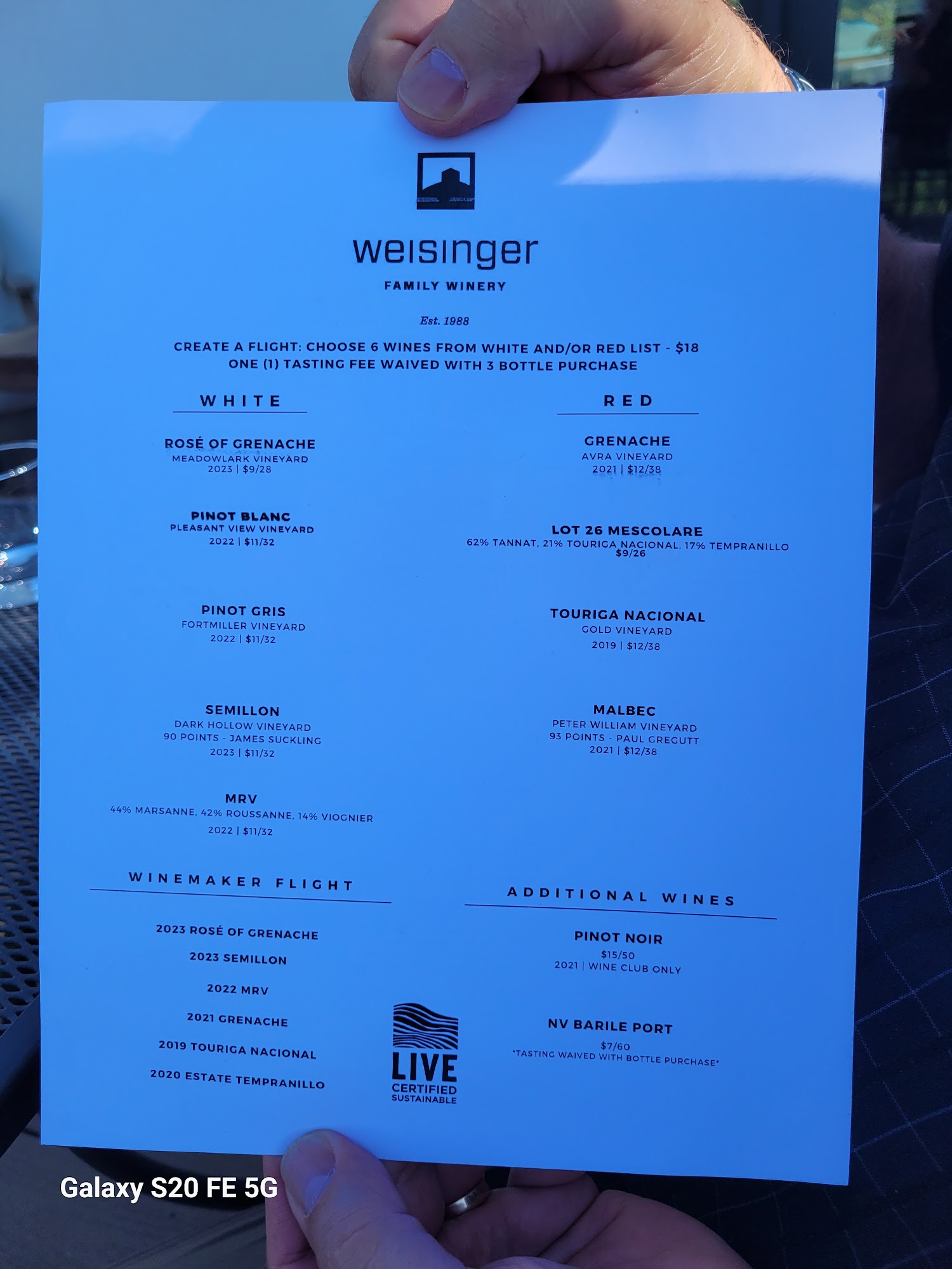 Weisinger Family Winery Menu
