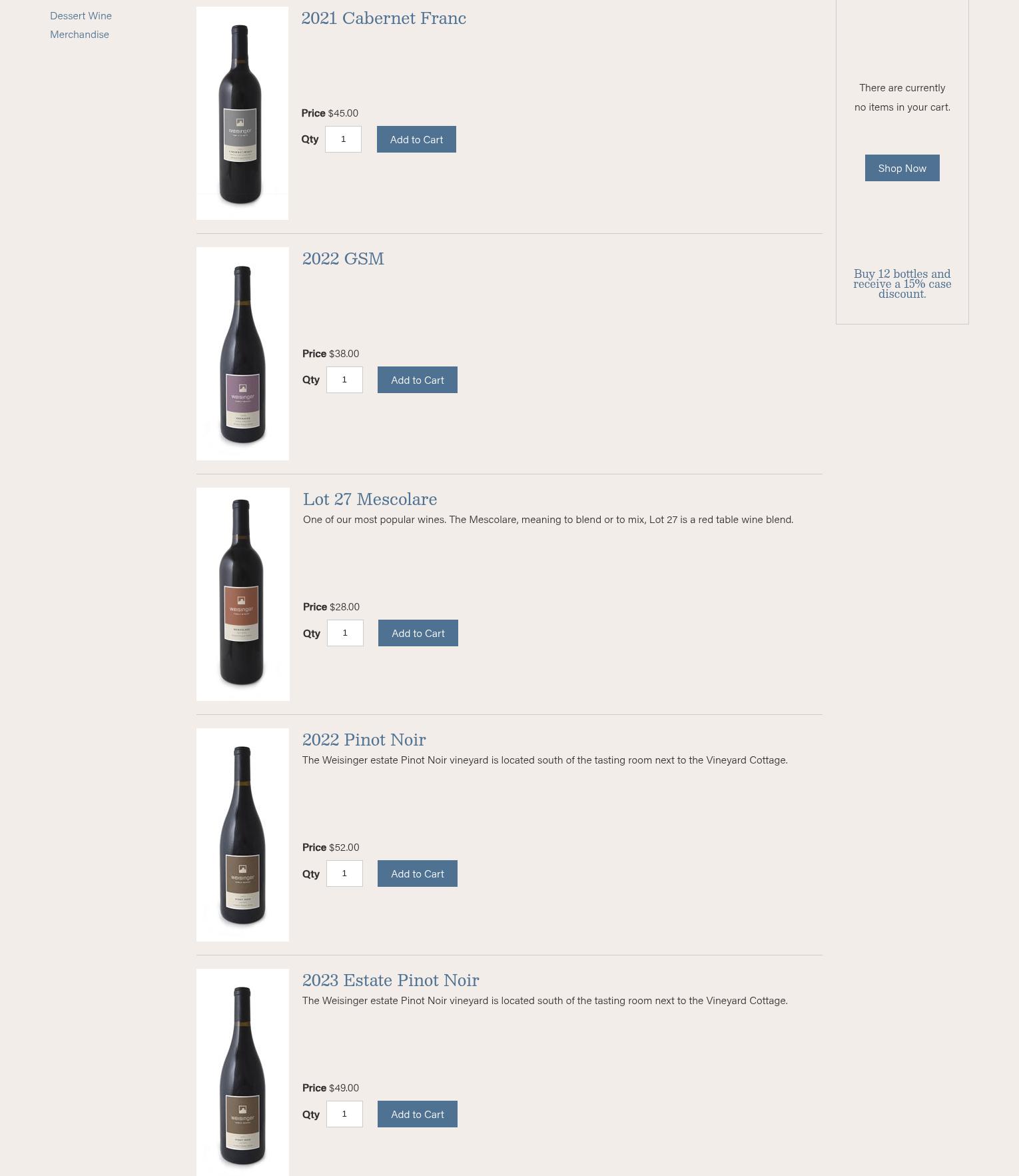 Weisinger Family Winery Menu