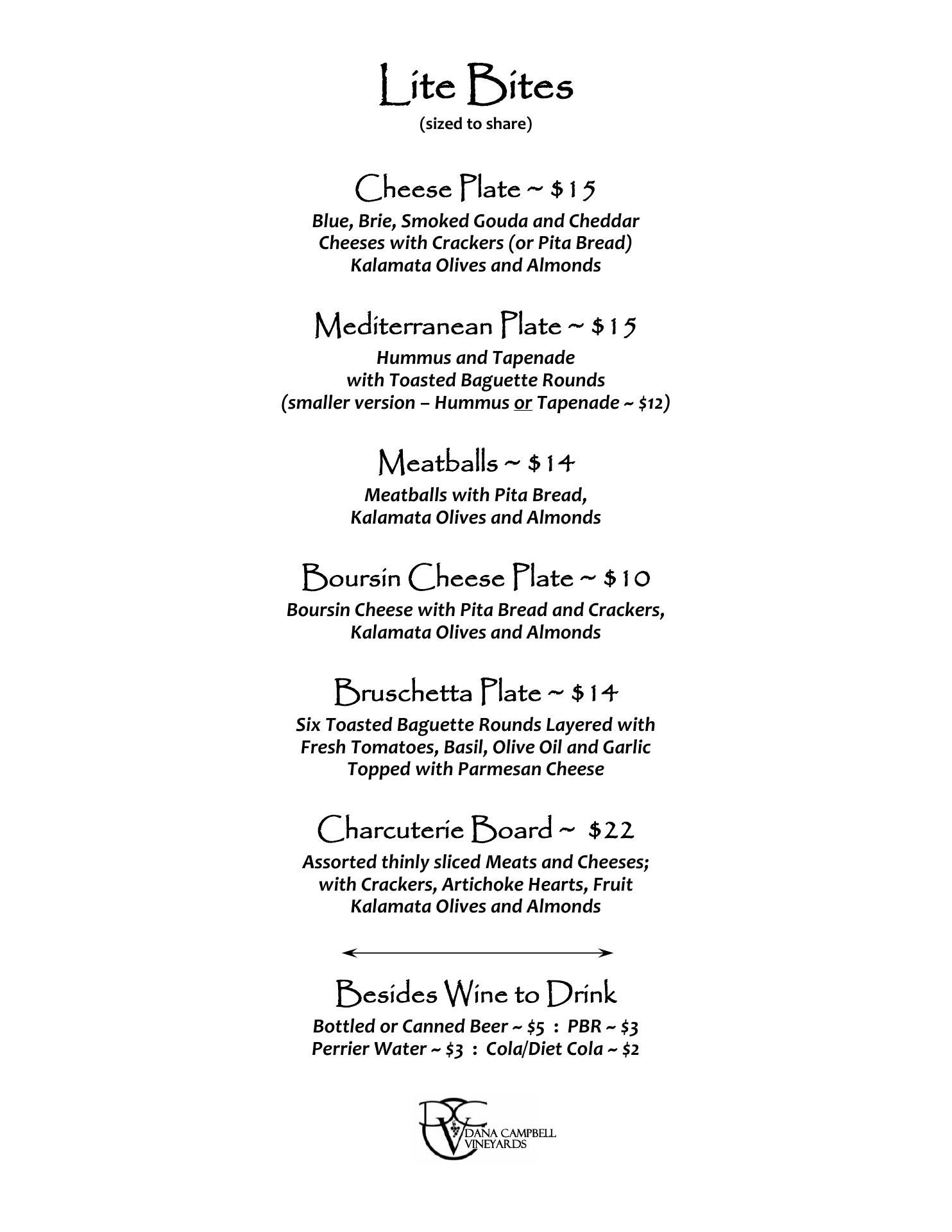 Dana Campbell Vineyards Menu