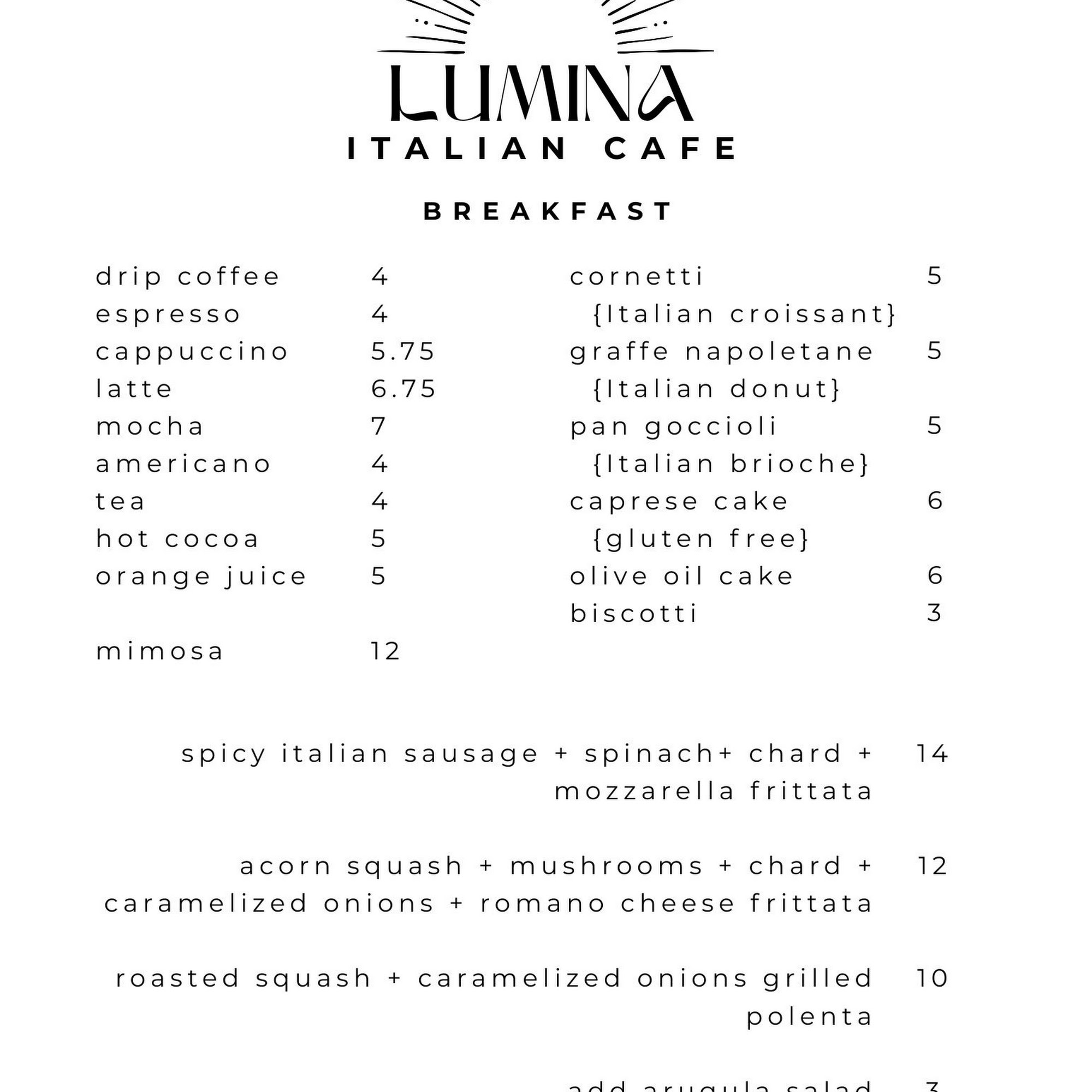 Cafe Lumina Menu