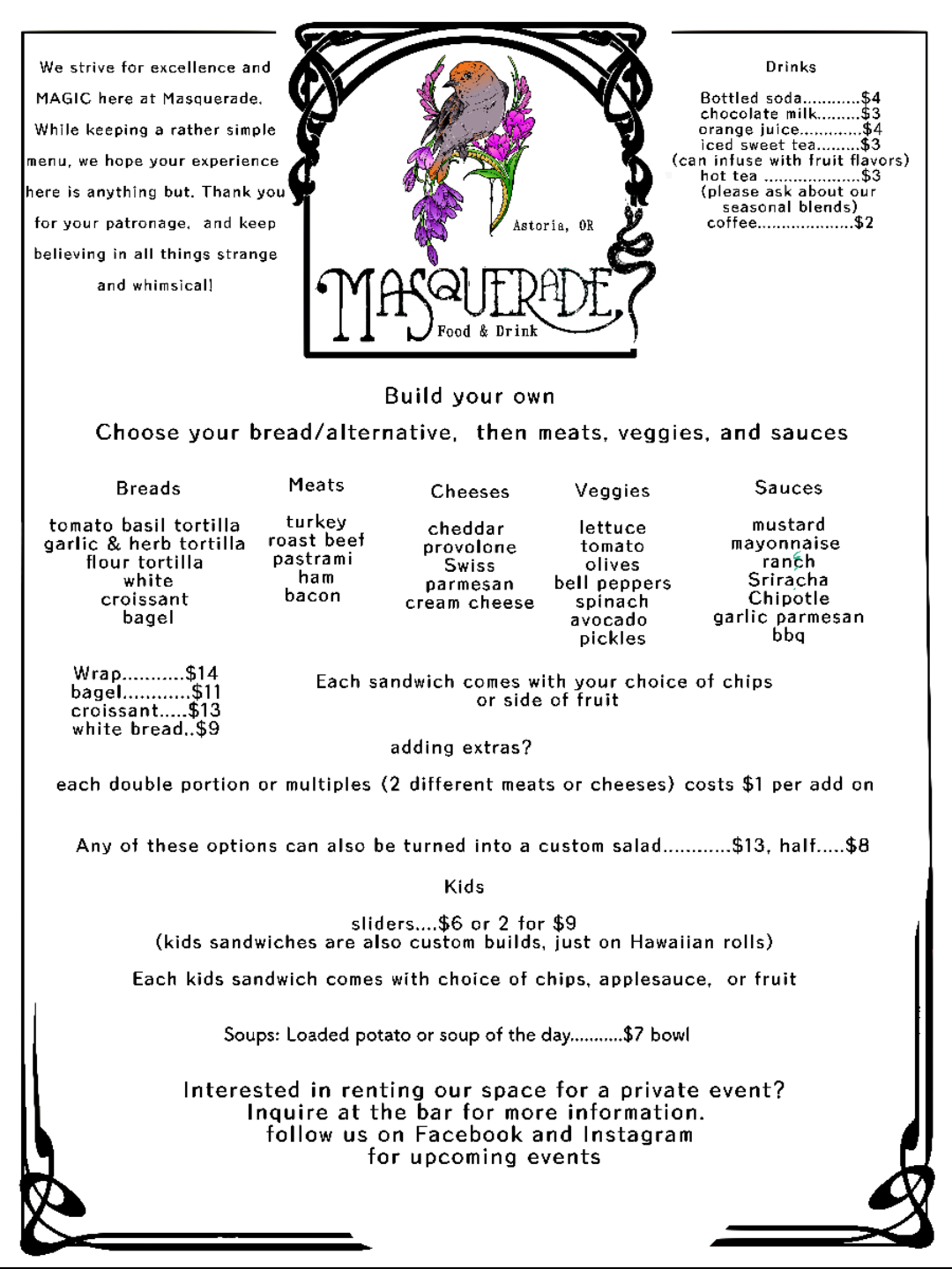 Masquerade food and drink Menu