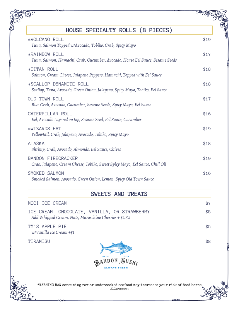 Bandon Sushi Menu