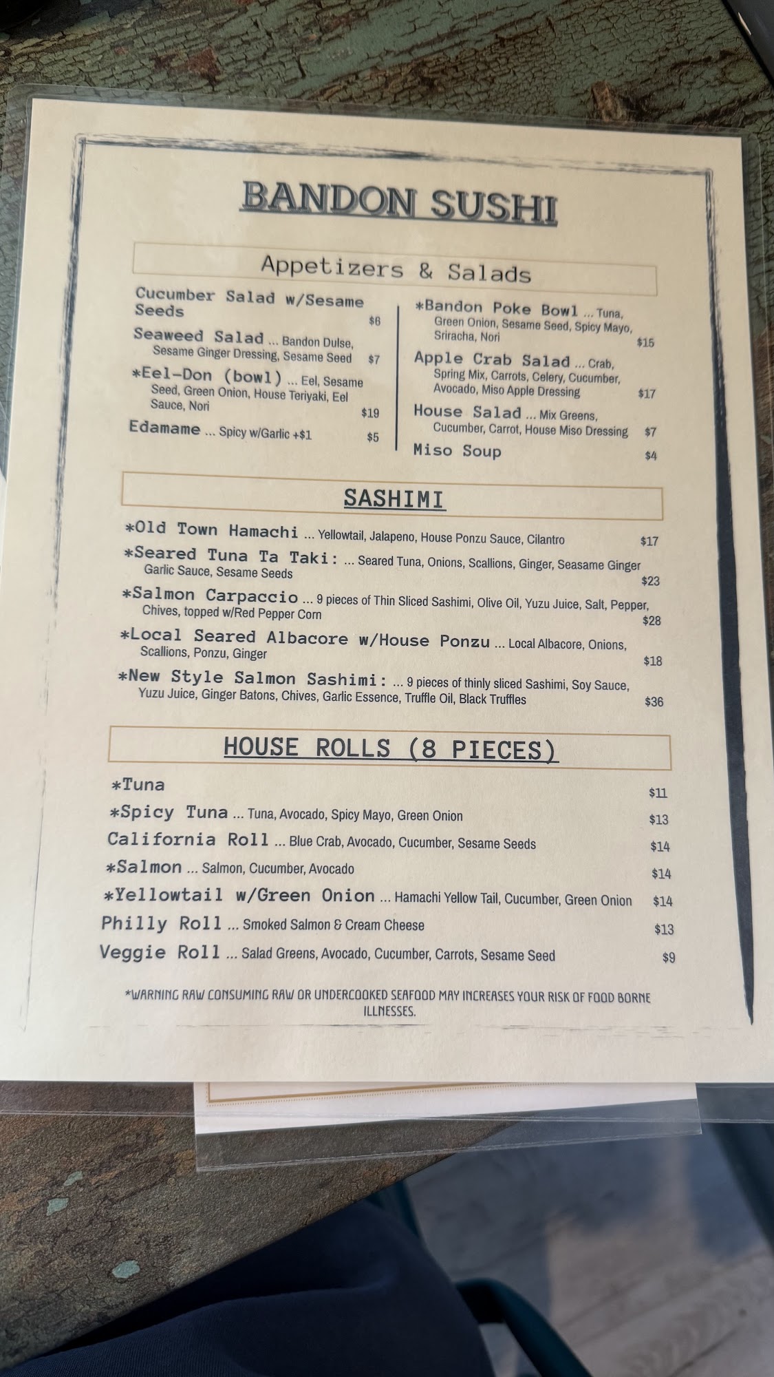 Bandon Sushi Menu