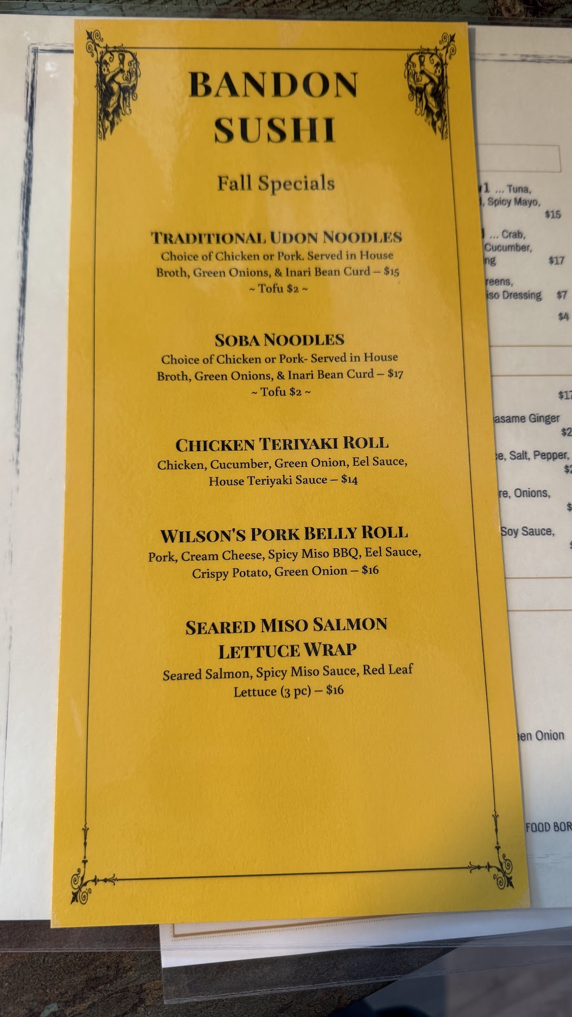 Bandon Sushi Menu