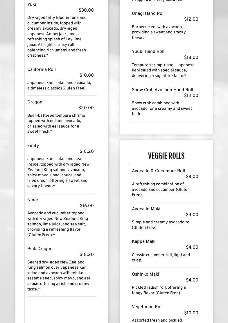 Yuubi Sushi Menu