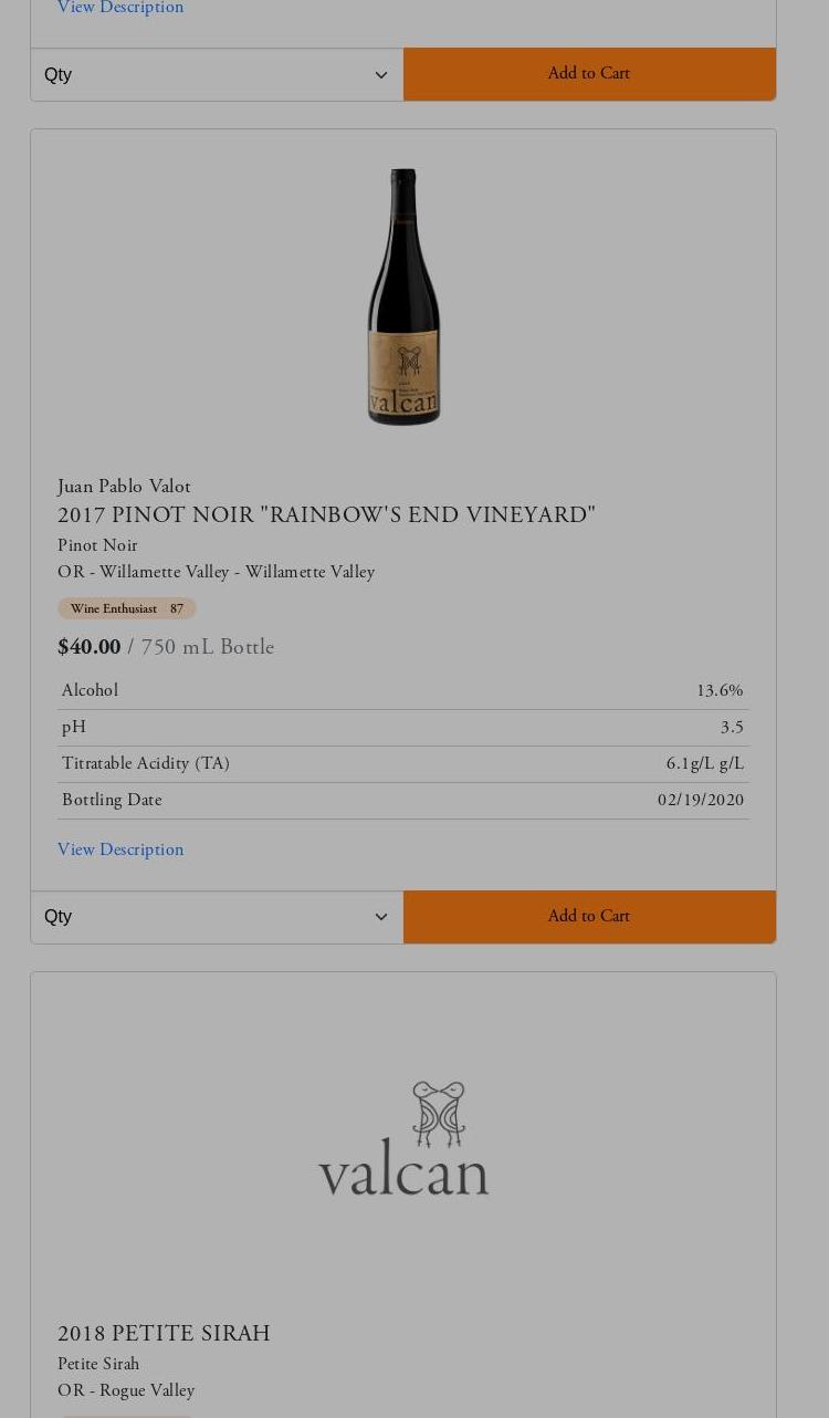 Valcan Cellars wine tasting room and wine shop Menu