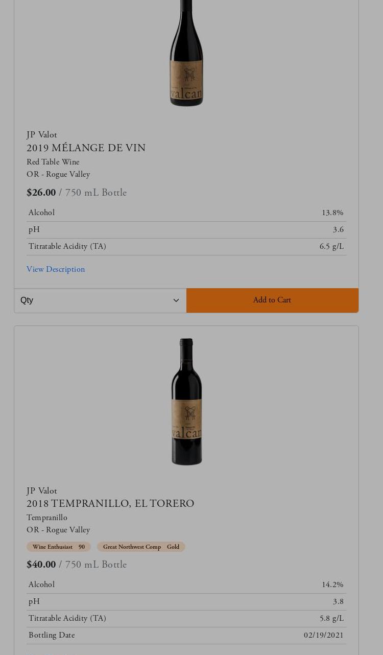 Valcan Cellars wine tasting room and wine shop Menu