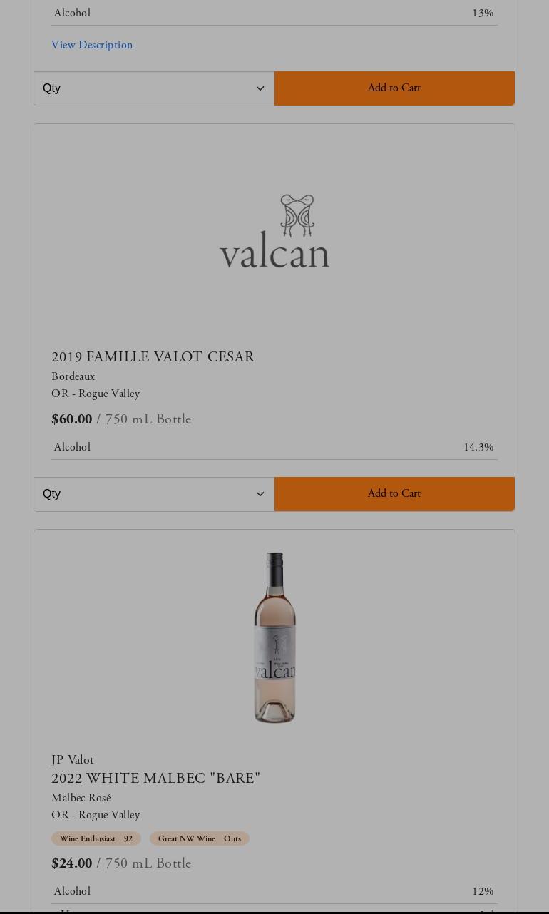 Valcan Cellars wine tasting room and wine shop Menu