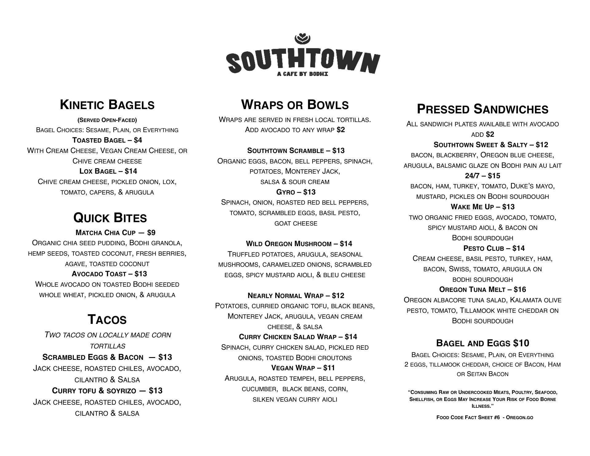 Southtown - a cafe by Bodhi Menu