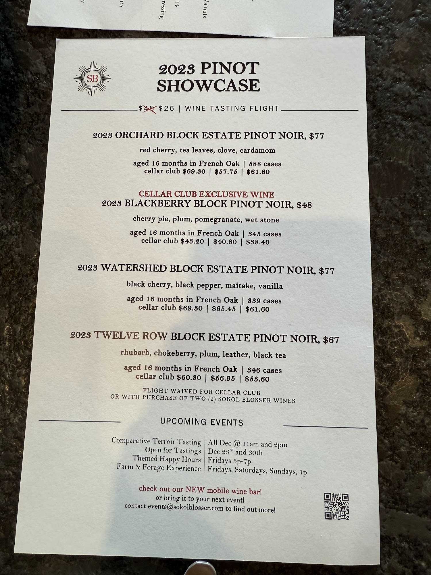 Sokol Blosser Winery Menu