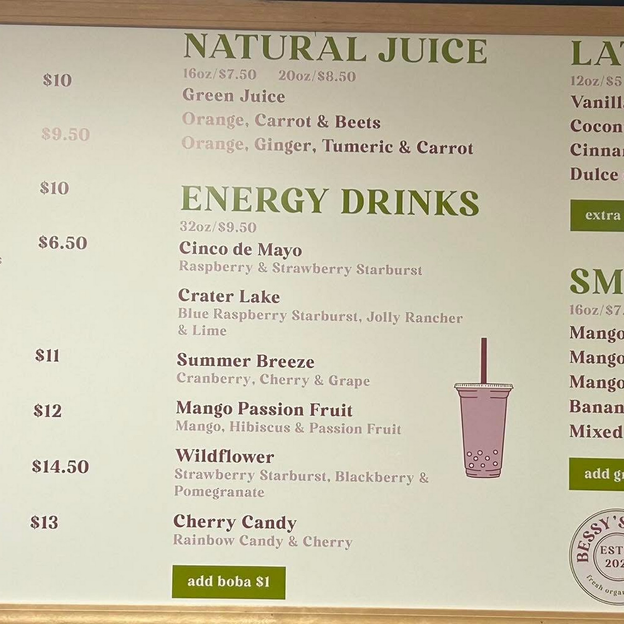 Bessy's Cafe Menu