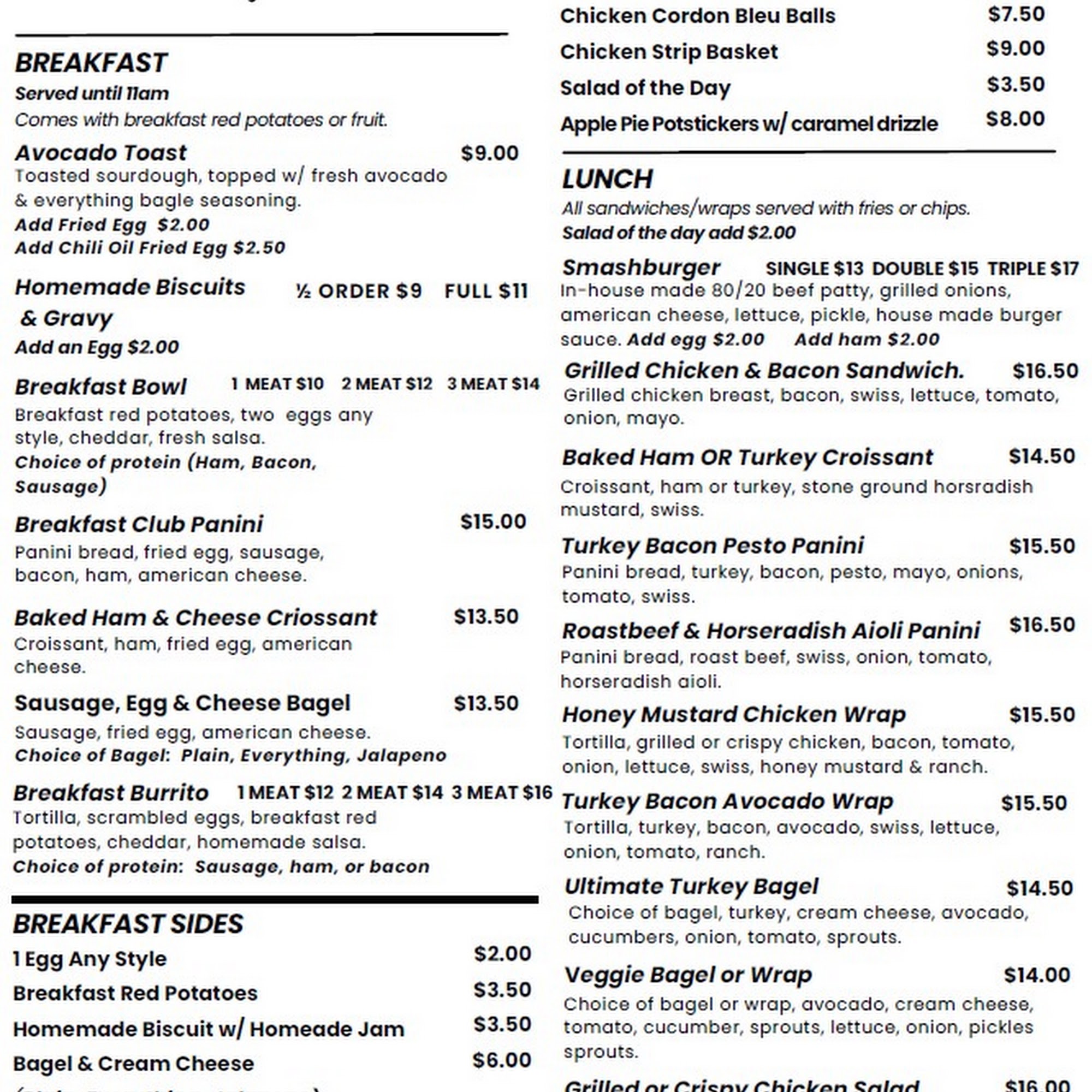 Nic’s Corner Bistro Menu
