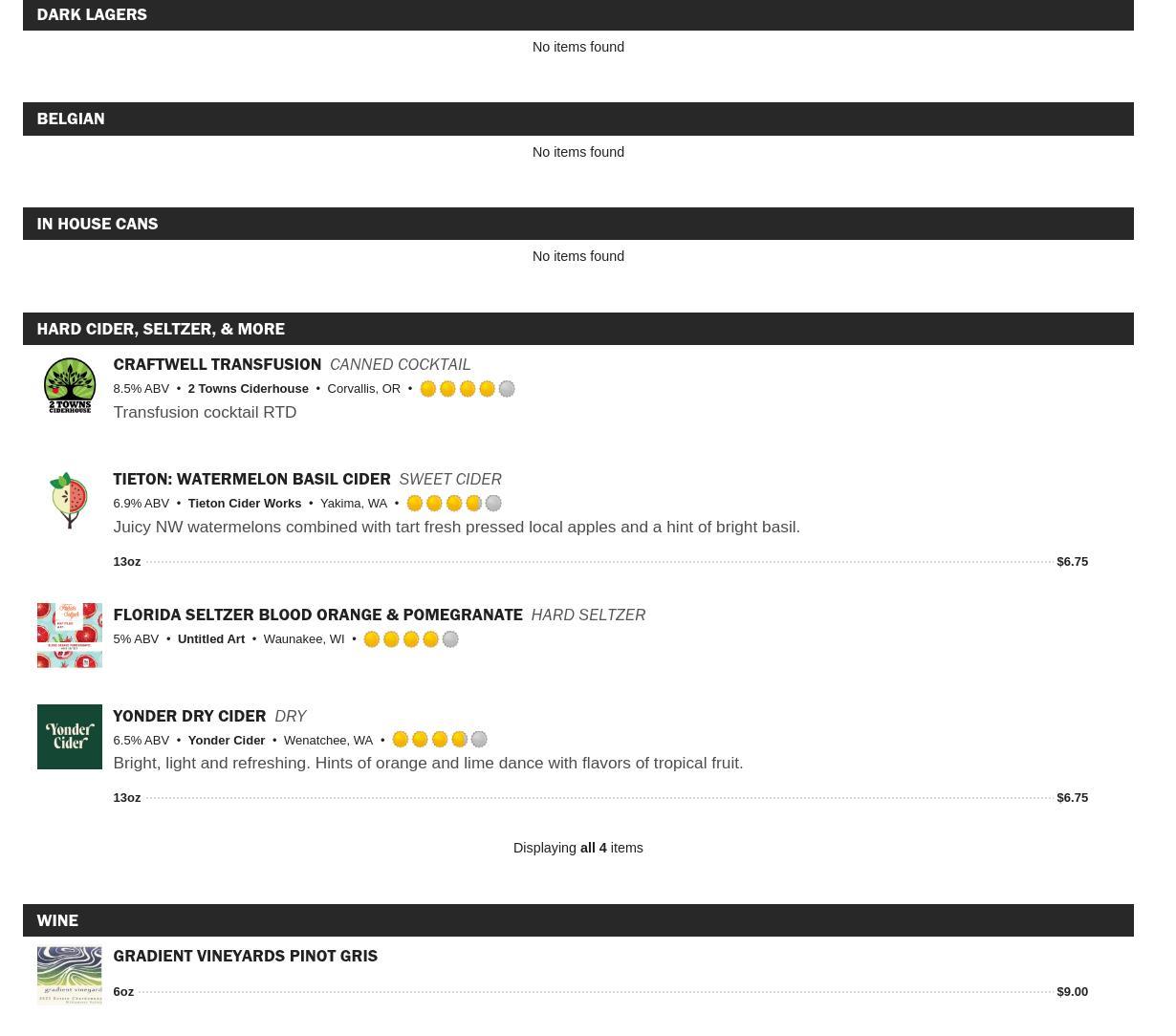 Oakshire Brewing Menu