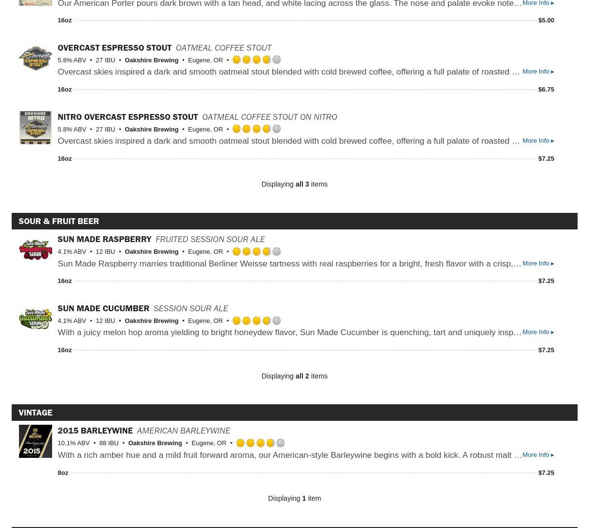 Oakshire Brewing Menu