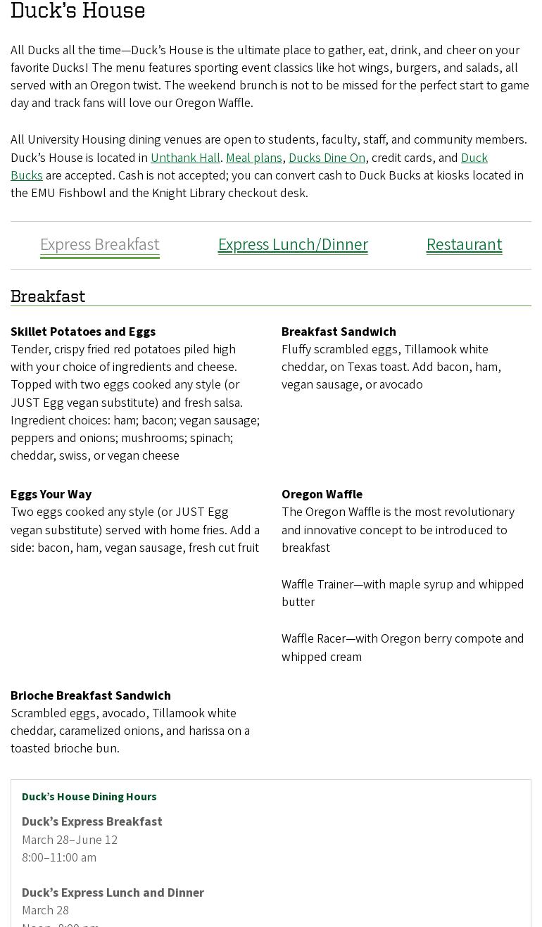 Duck’s House Menu