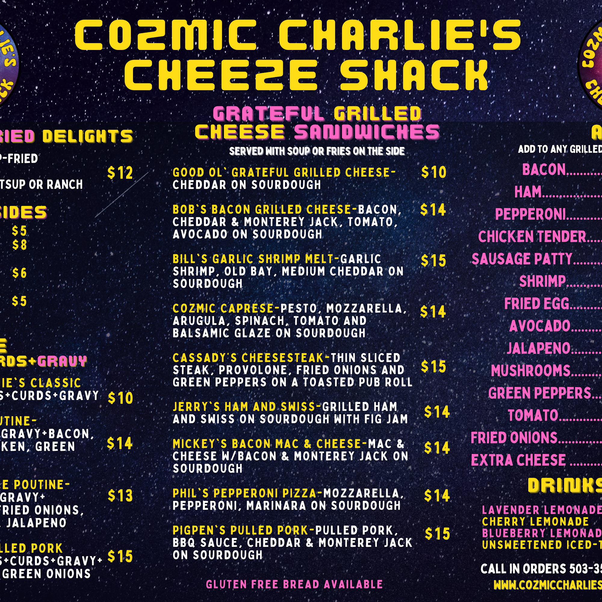 Cozmic Charlie's Cheeze Shack Menu