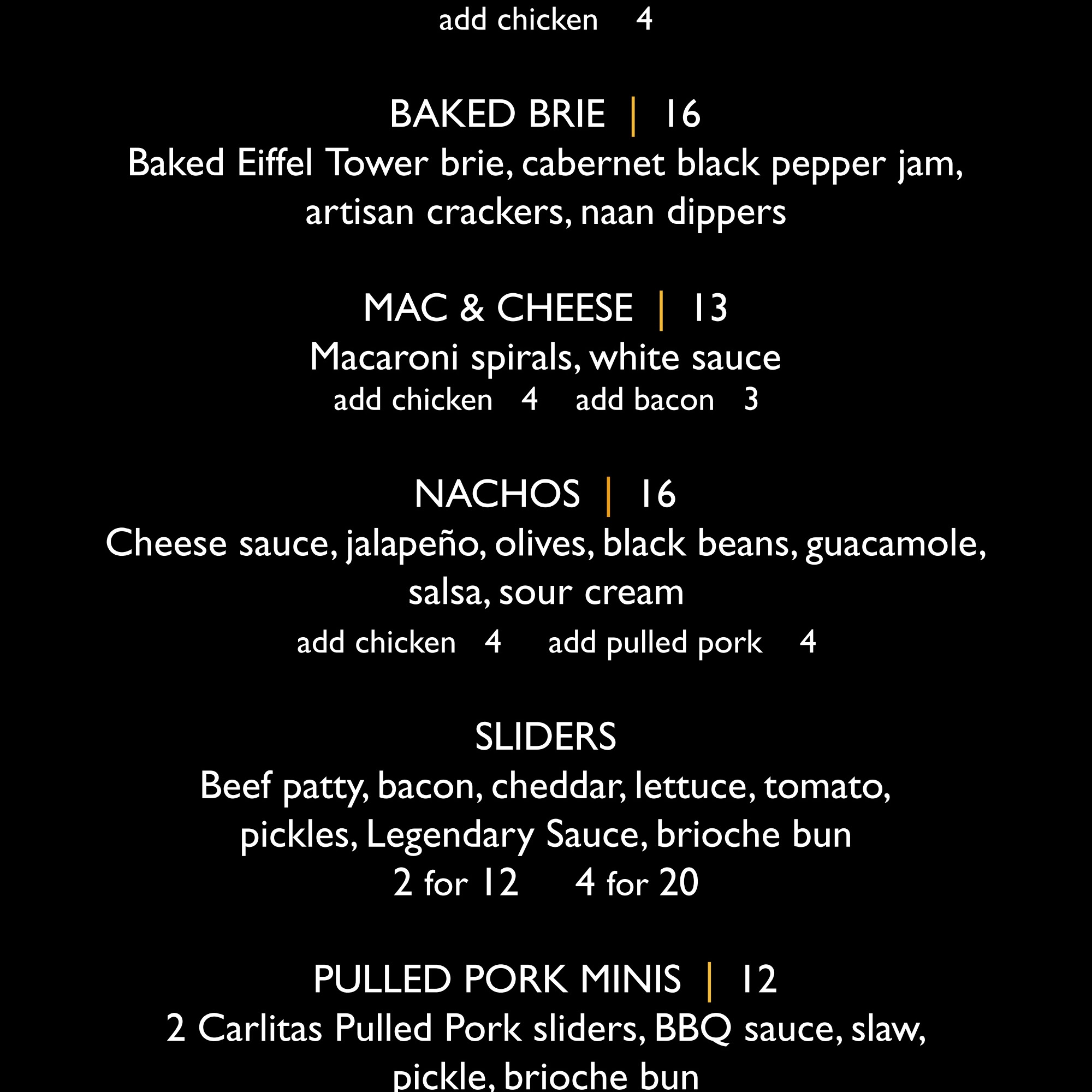 Legends Bar Menu