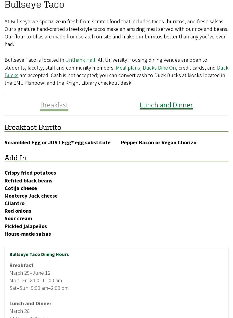 Bullseye Taco Menu