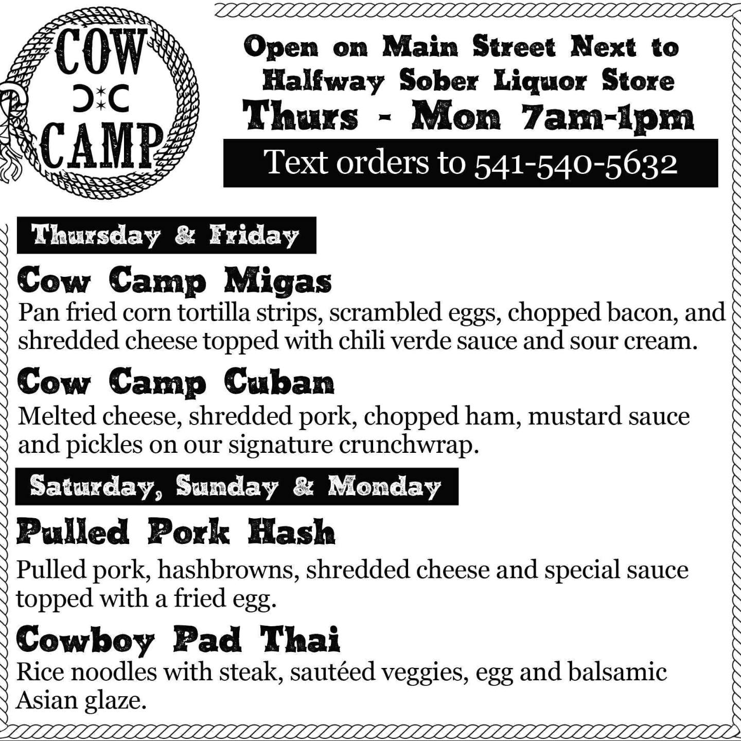 Cow Camp Menu
