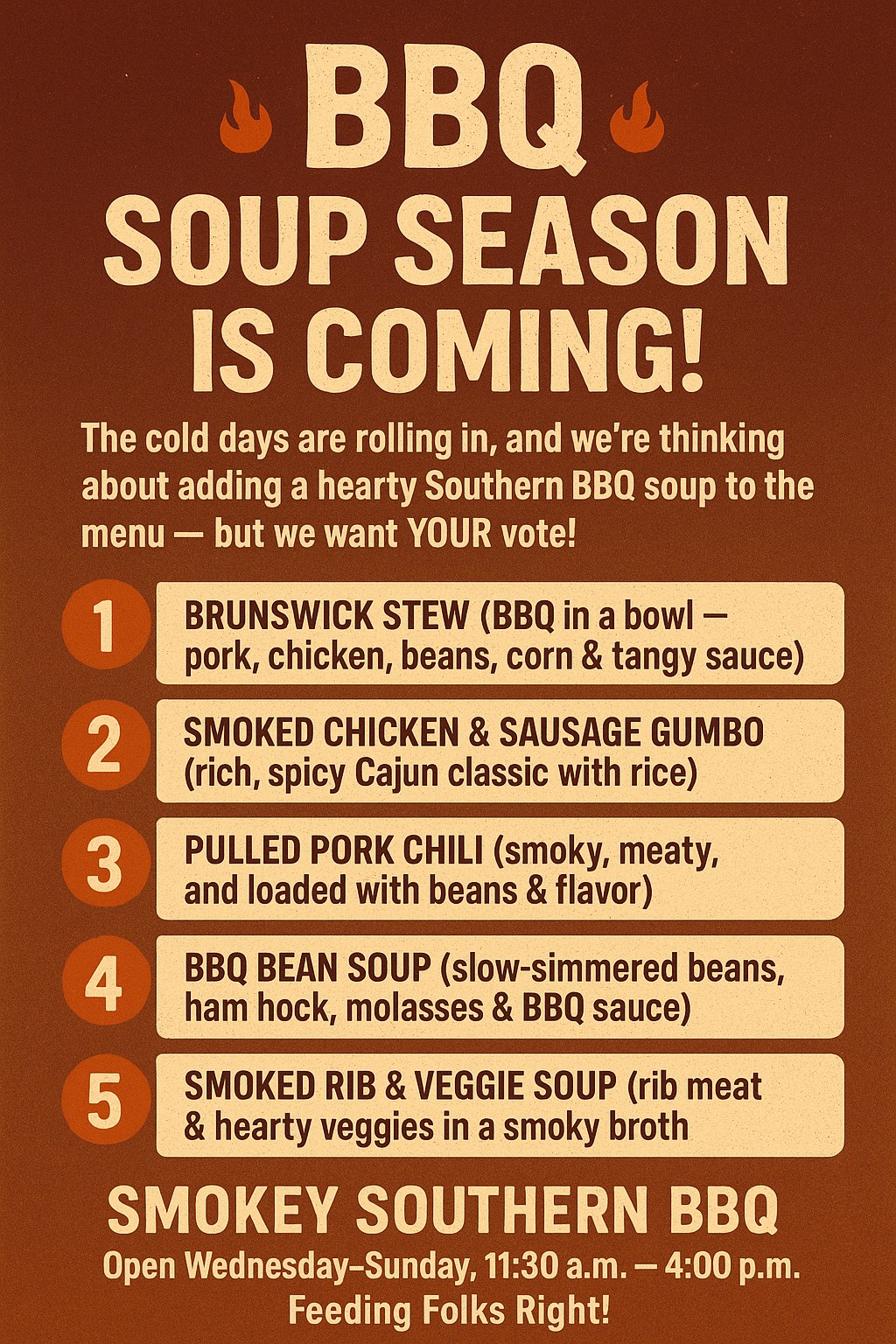 Smokey to the Bone Southern BBQ Menu