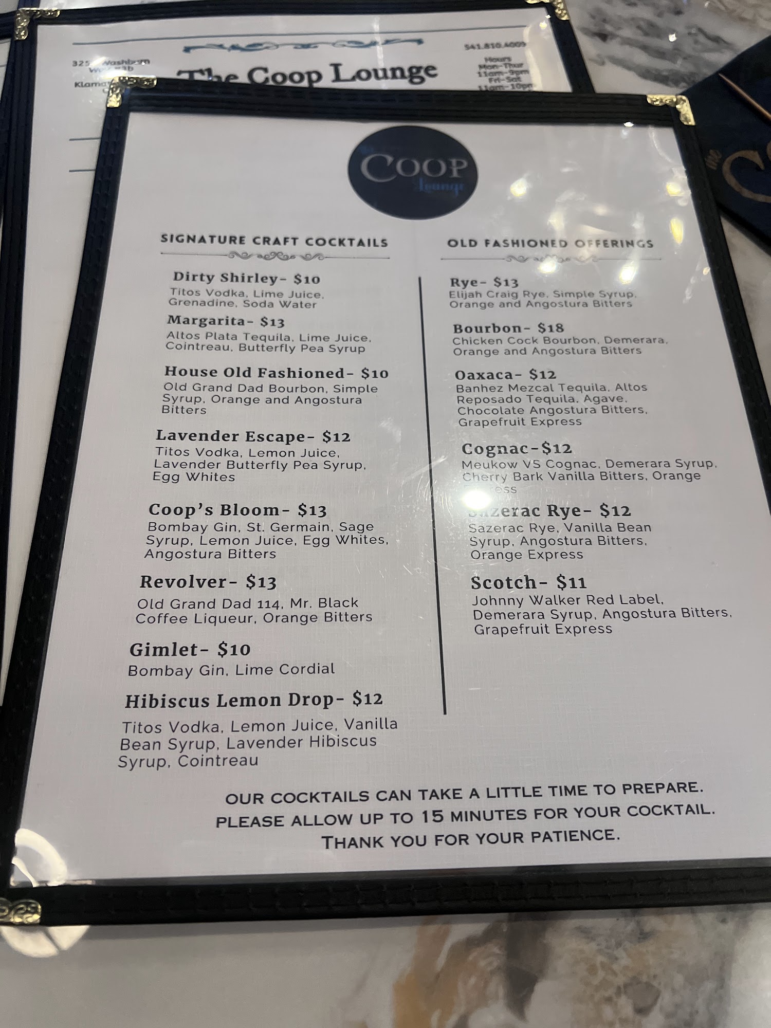 The Coop Lounge Menu