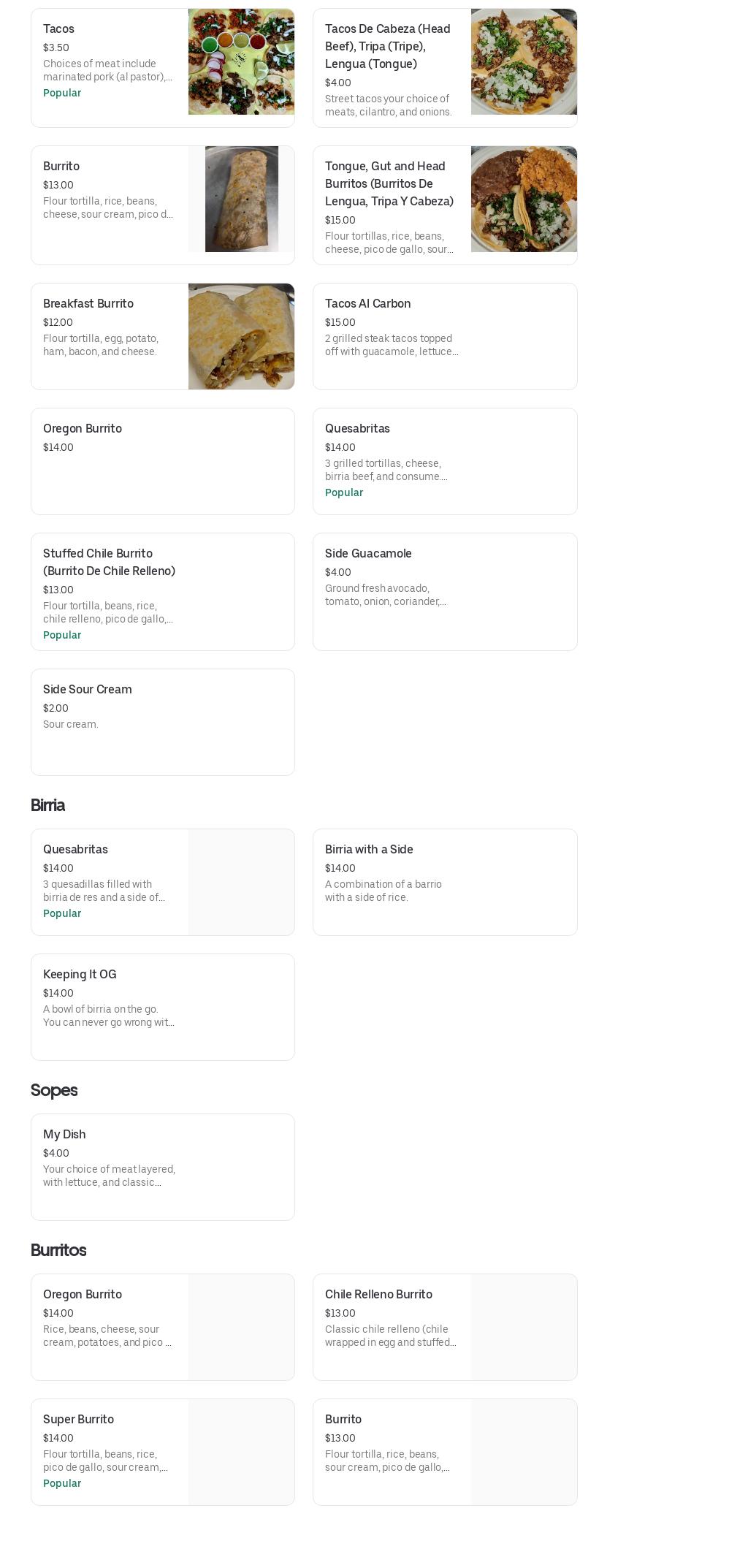 Mario's Taqueria Menu