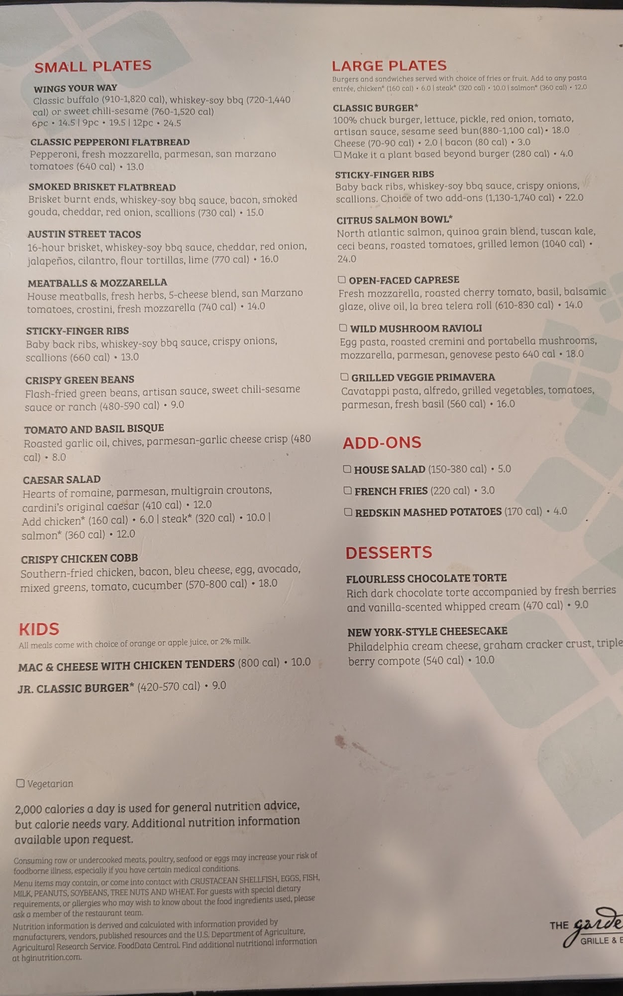 The Garden Grille & Bar Menu