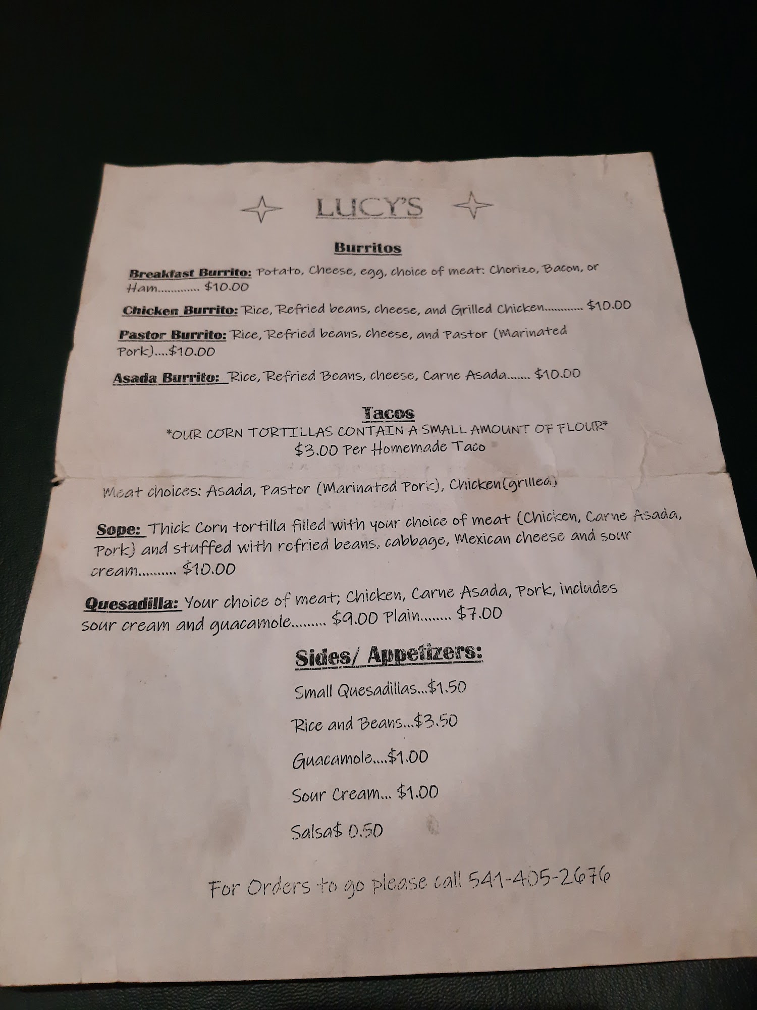 Lucy's taco's Menu