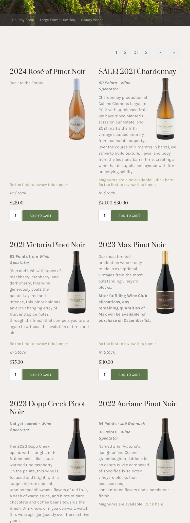 Colene Clemens Vineyards Menu