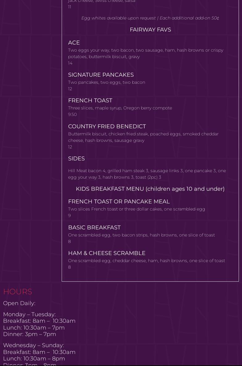 Clubhouse Grill at Wildhorse Resort & Casino Menu