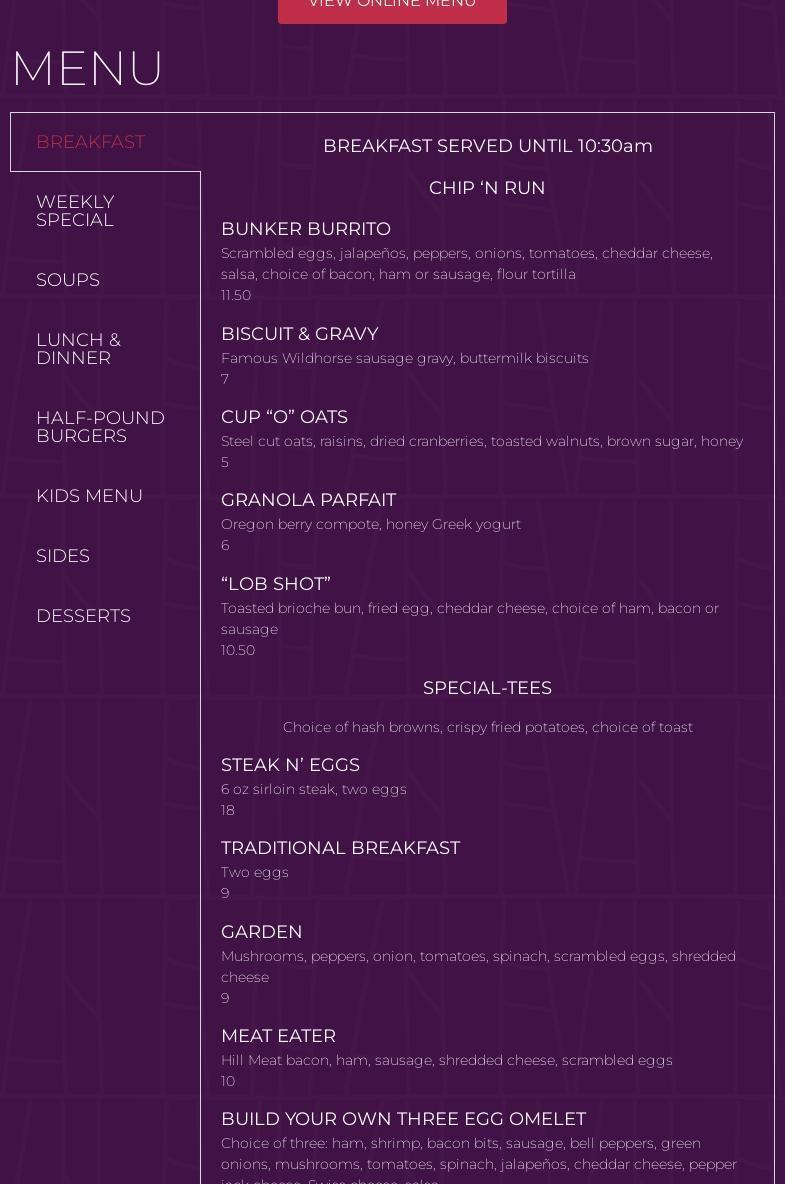 Clubhouse Grill at Wildhorse Resort & Casino Menu