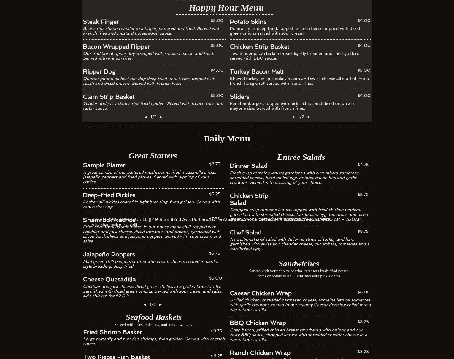 Shamrock Bar & Grill Menu