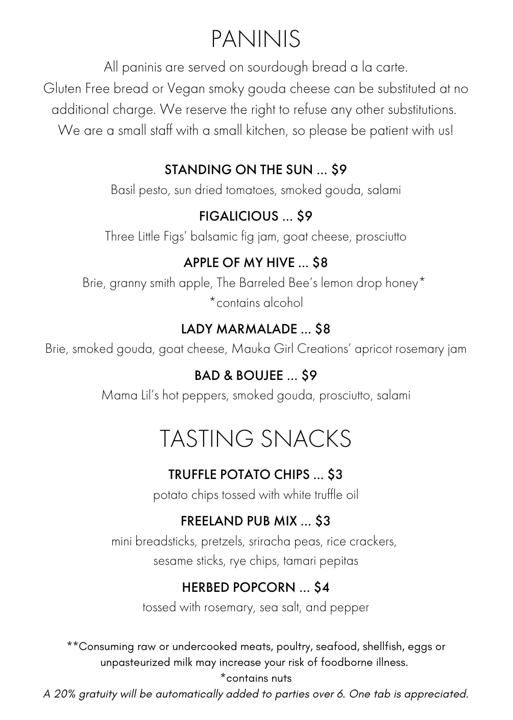 Freeland Spirits Menu