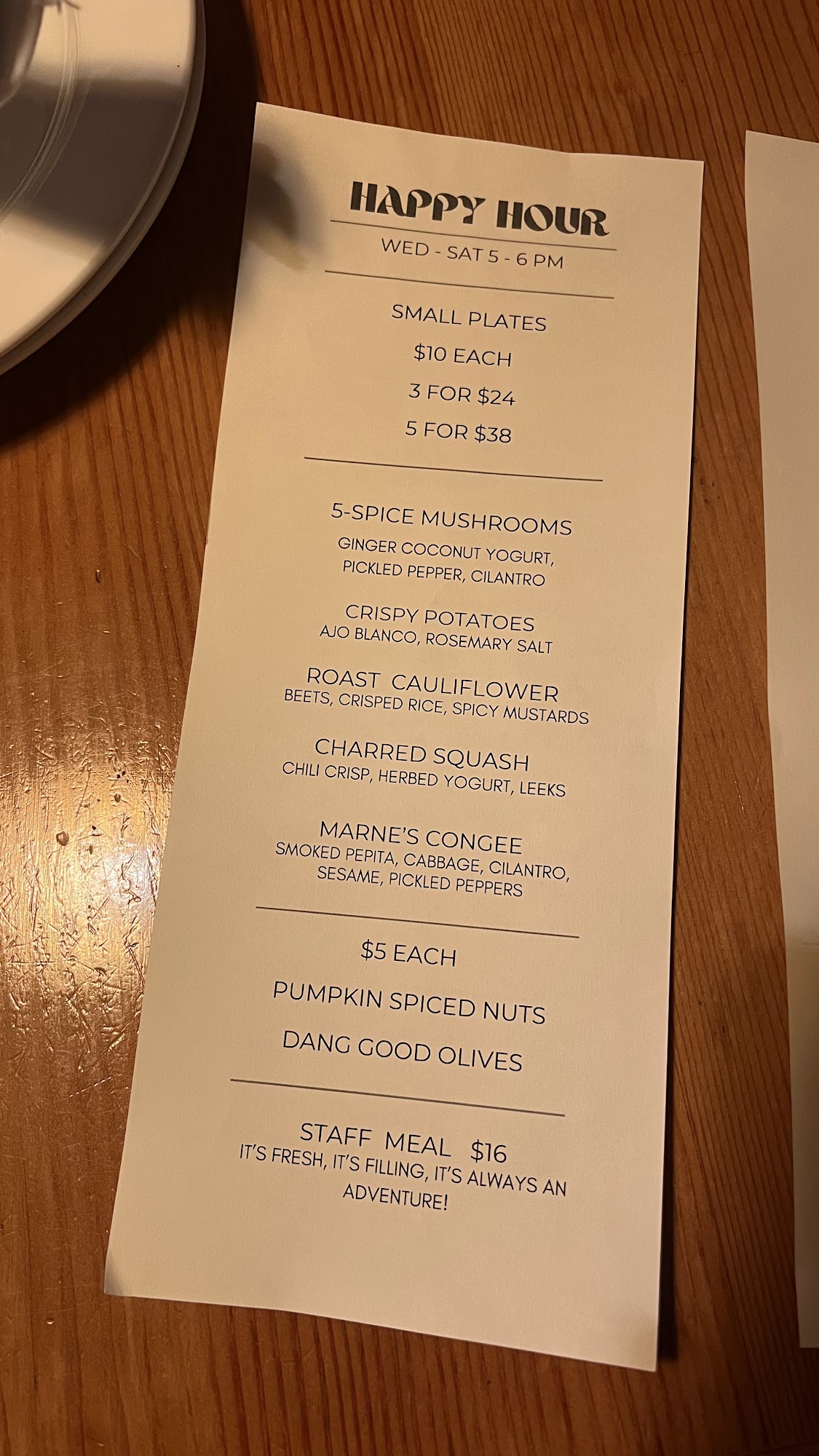 Fallow's Rest Wild Menu