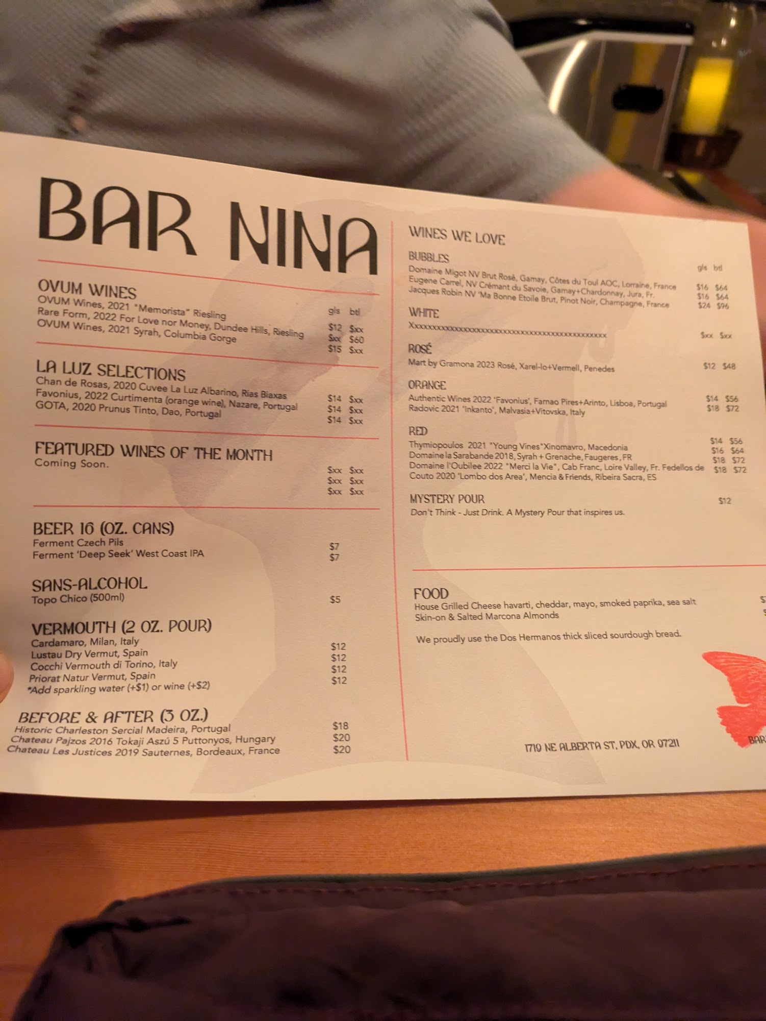 Bar Nina Menu