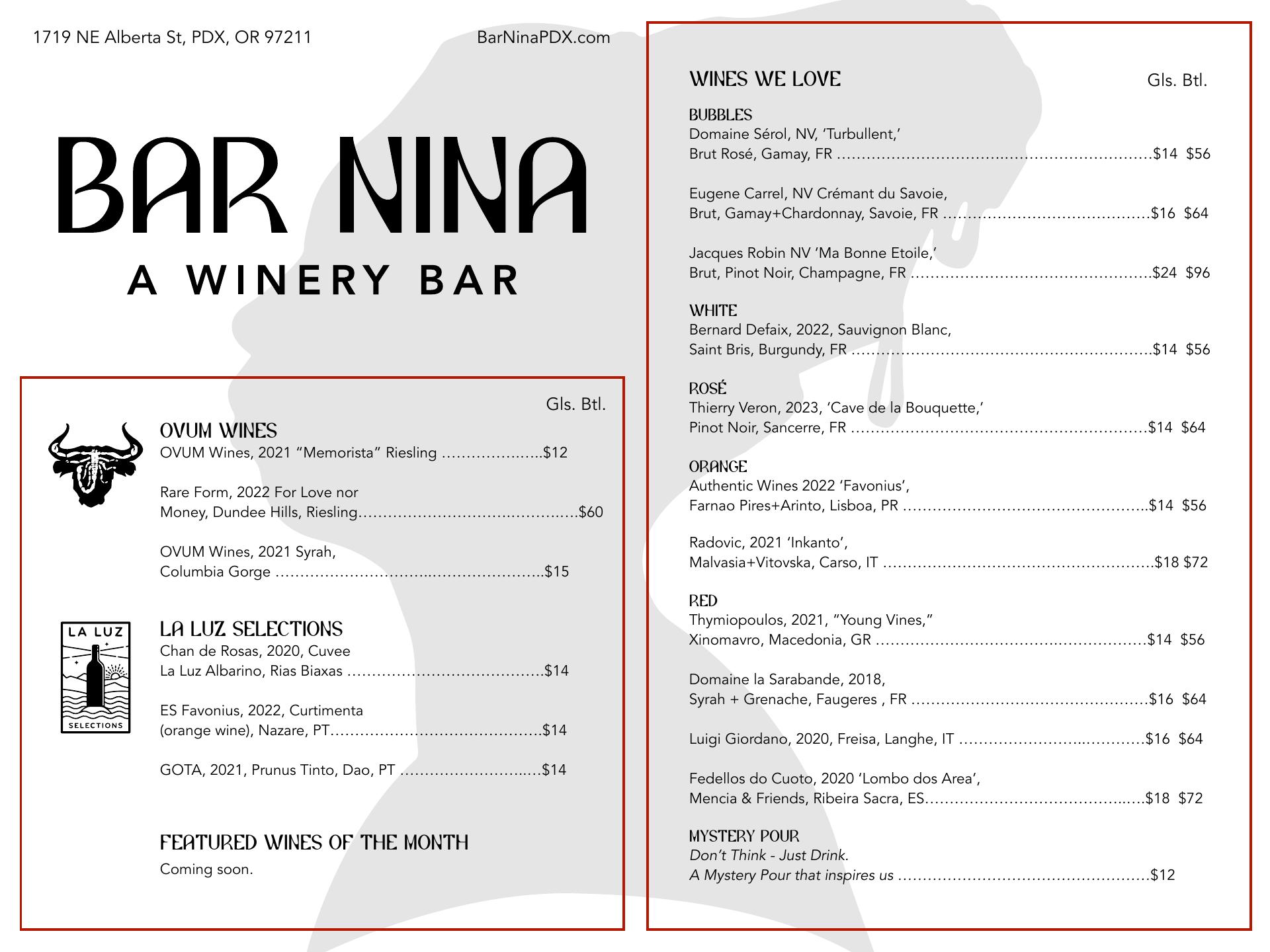 Bar Nina Menu