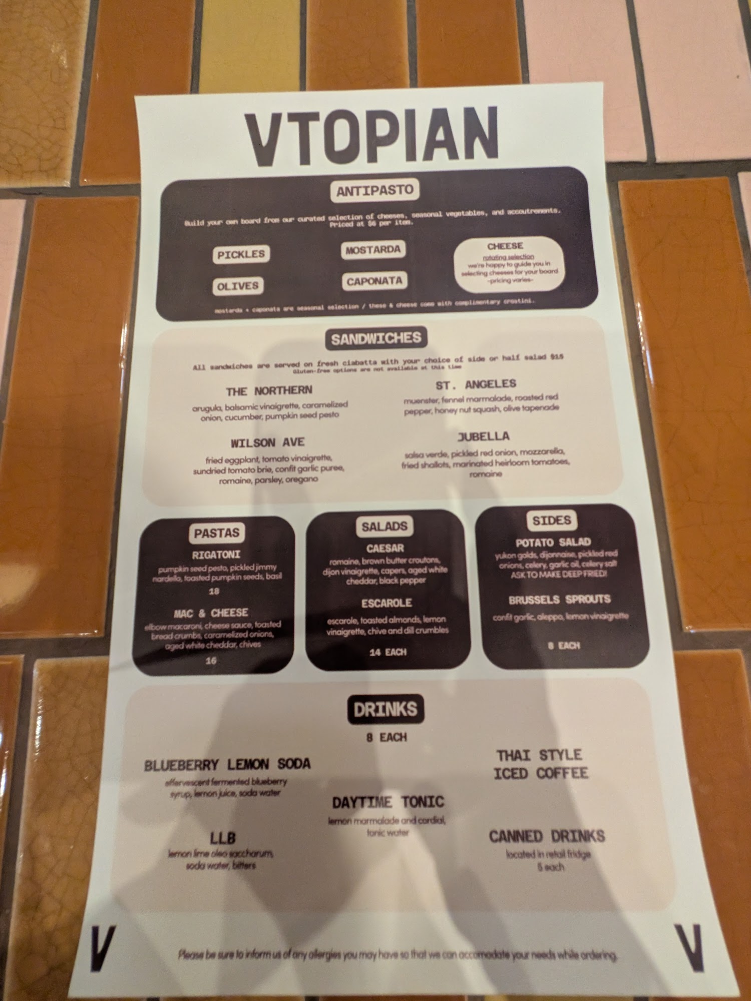 Vtopian Cheese Shop Menu