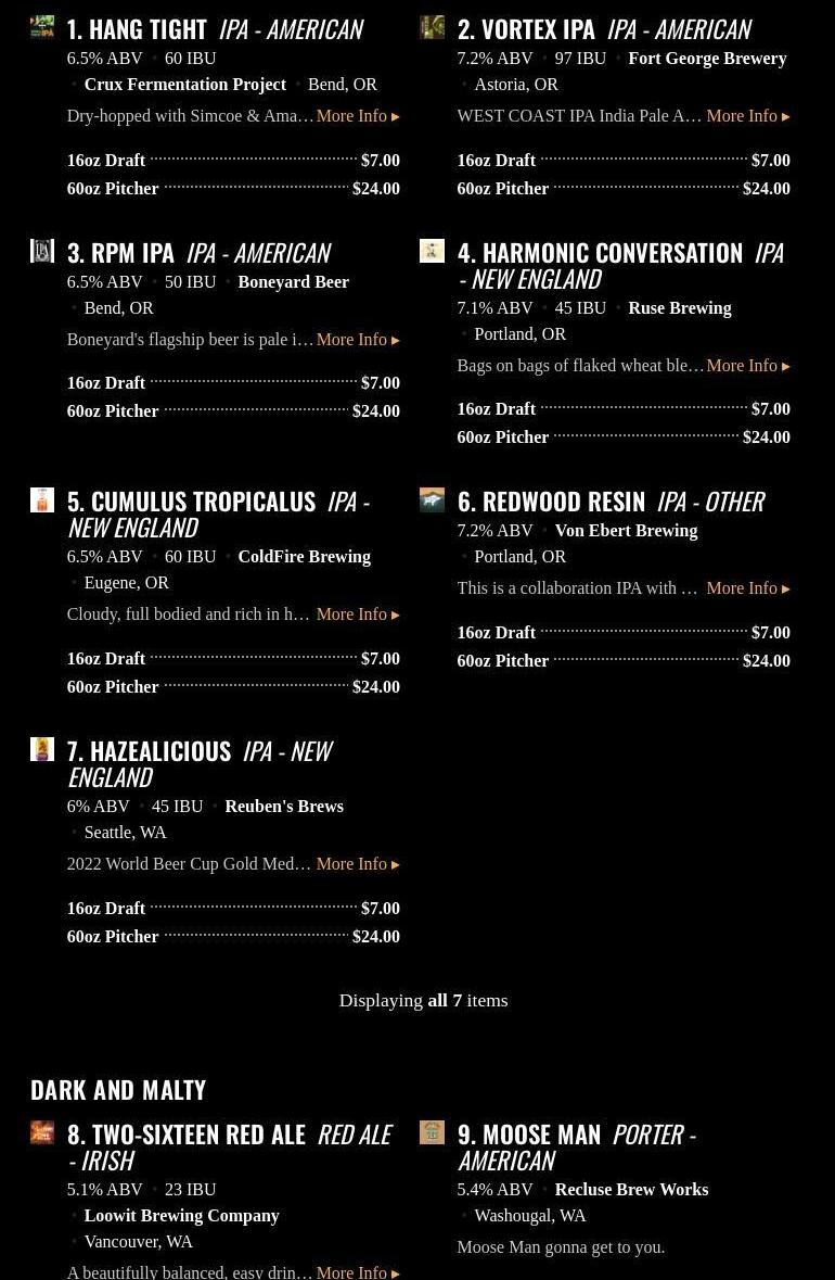The Garden Tavern Menu