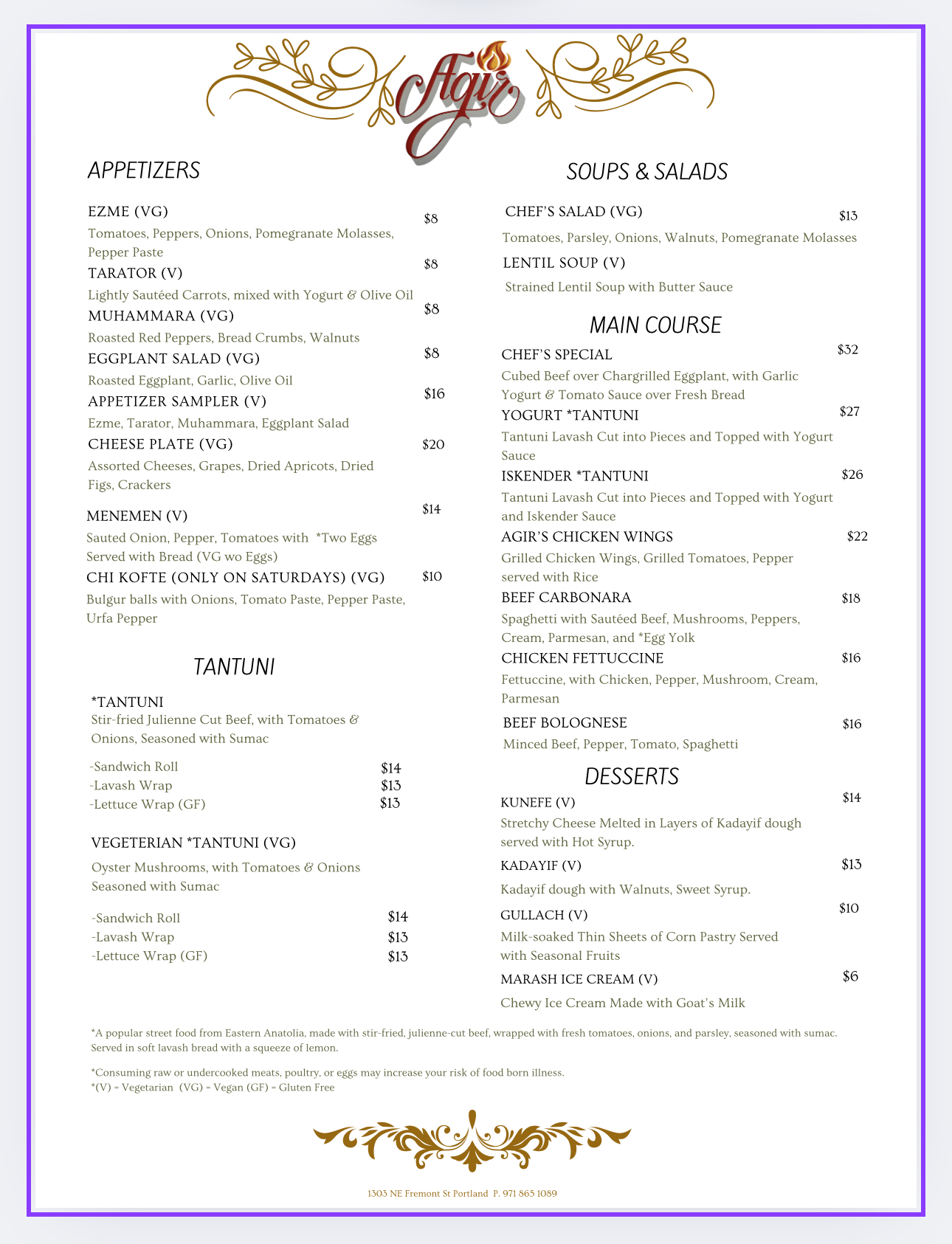 Chef Agir Restaurant Bar Menu