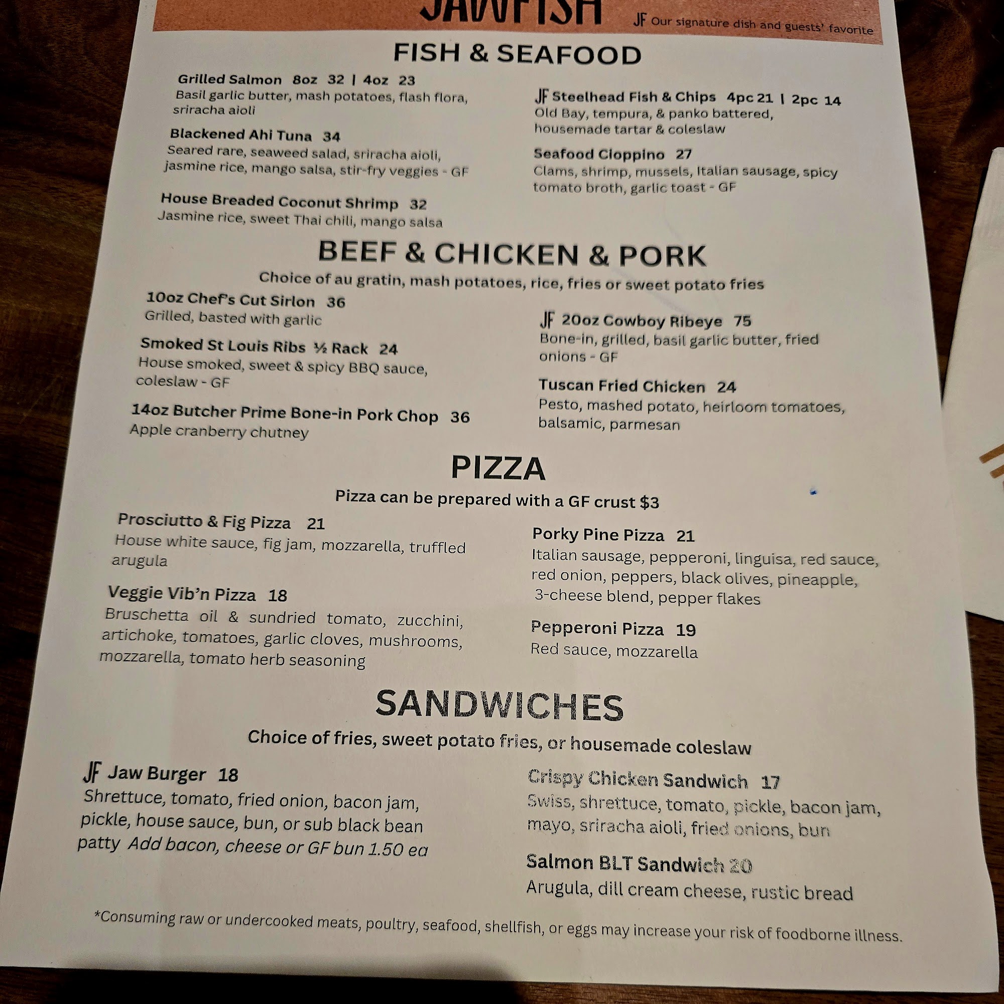 JawFish Restaurant Menu