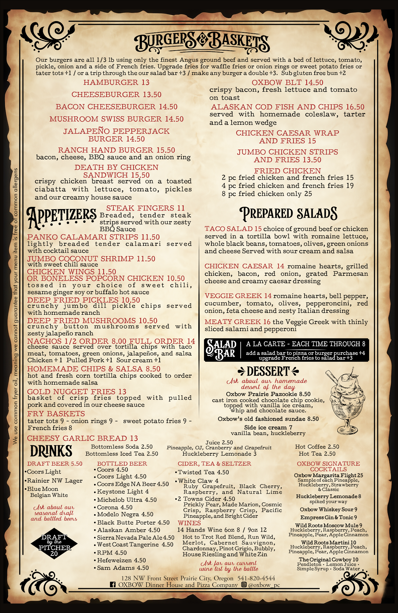 Oxbow Dinner House and Pizza Company Menu