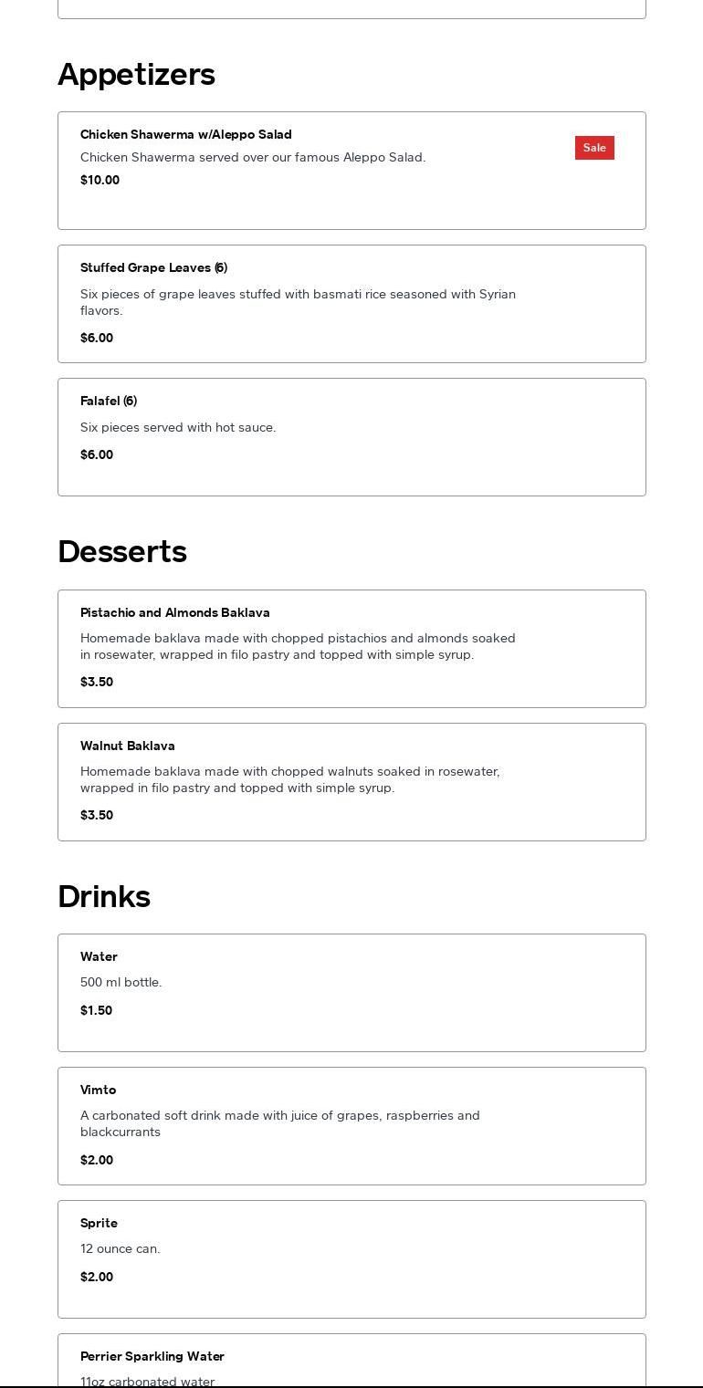 Syrian Kitchen Menu