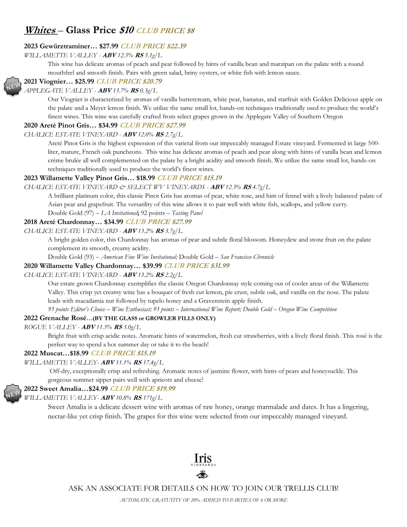 Iris Vineyards-Wine Bar Menu